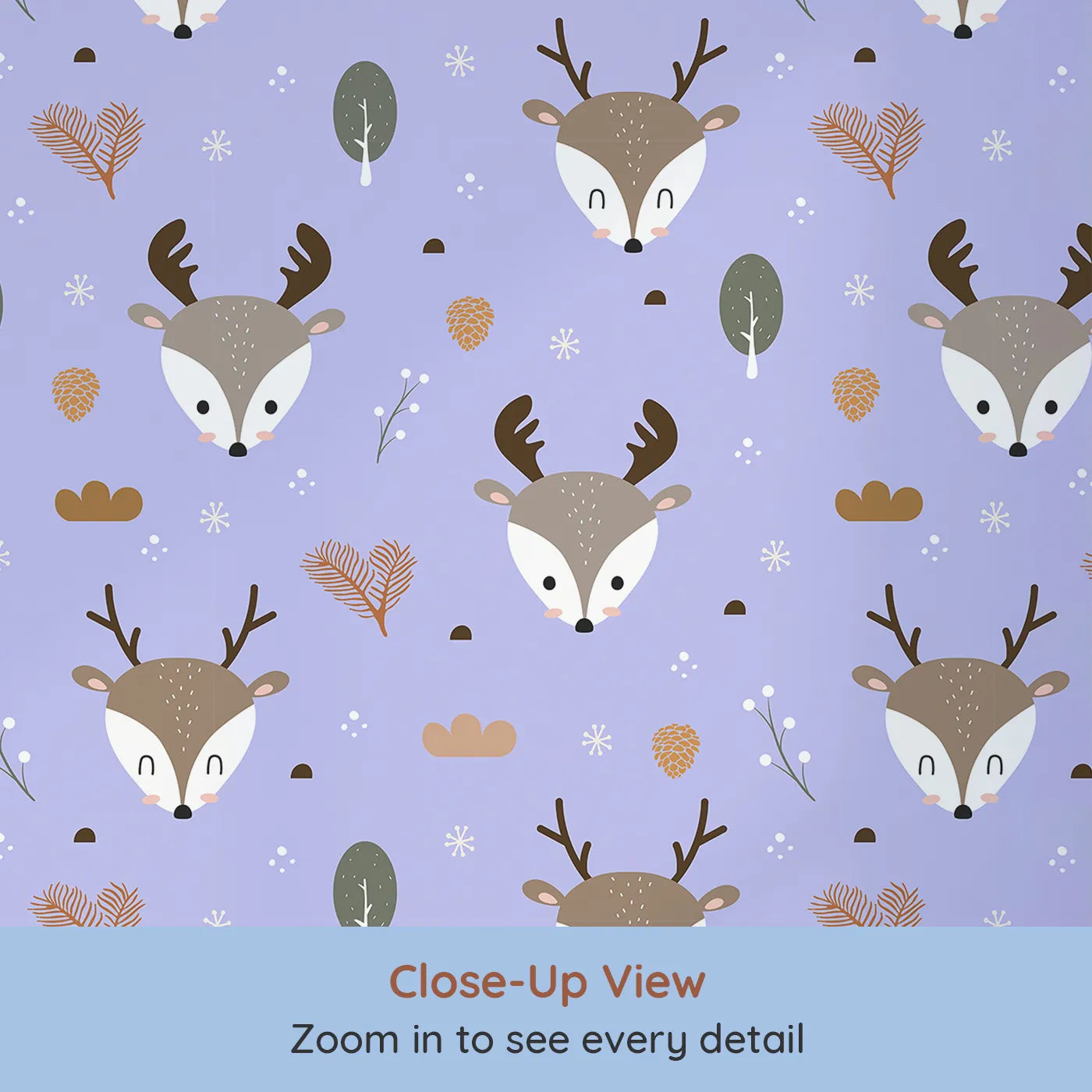 Close-up view of Whimsy Tots' Forest Forager Deer Wallpaper in Lavender Mist (W3490E).Deer and forest bits float gently across a lavender winter sky.