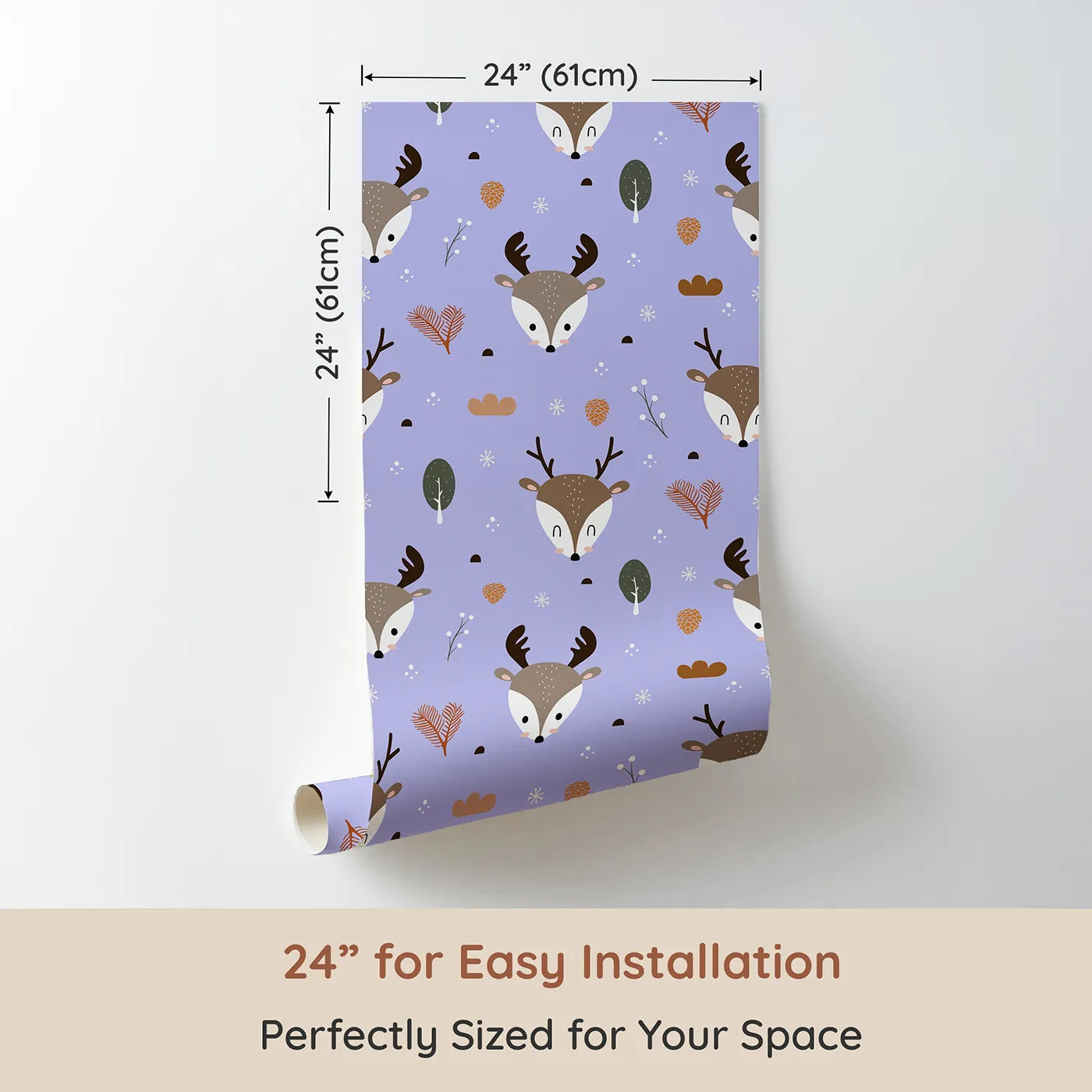 Dimension view of Whimsy Tots Forest Forager Deer Wallpaper in Lavender Mist (W3490E). Printed in 24-inch-wide panel for easy installation. Deer and forest bits float gently across a lavender winter sky.