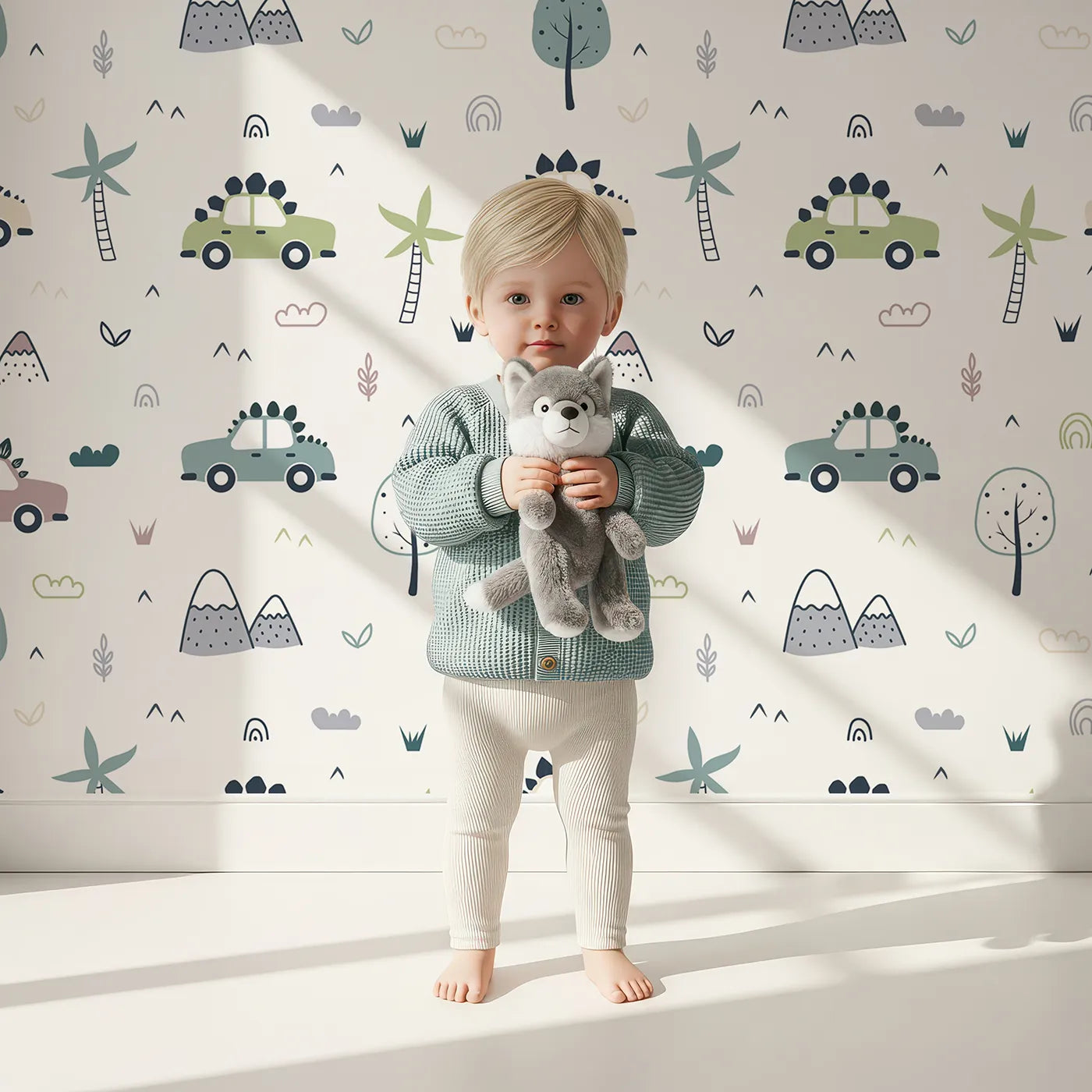 Lovely child standing in front of Whimsy Tots Dino Drivers Parade Wallpaper in White with dinosaur, car, tree, rainbow, mountain in design.