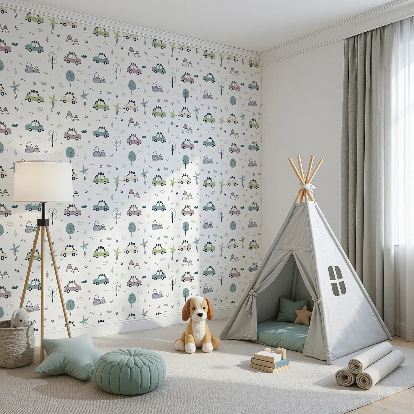 Angled view of Whimsy Tots' Dino Drivers Parade Wallpaper in White (W3491A).Cars with dinosaur spikes zoom through a playful world of trees and mountains.