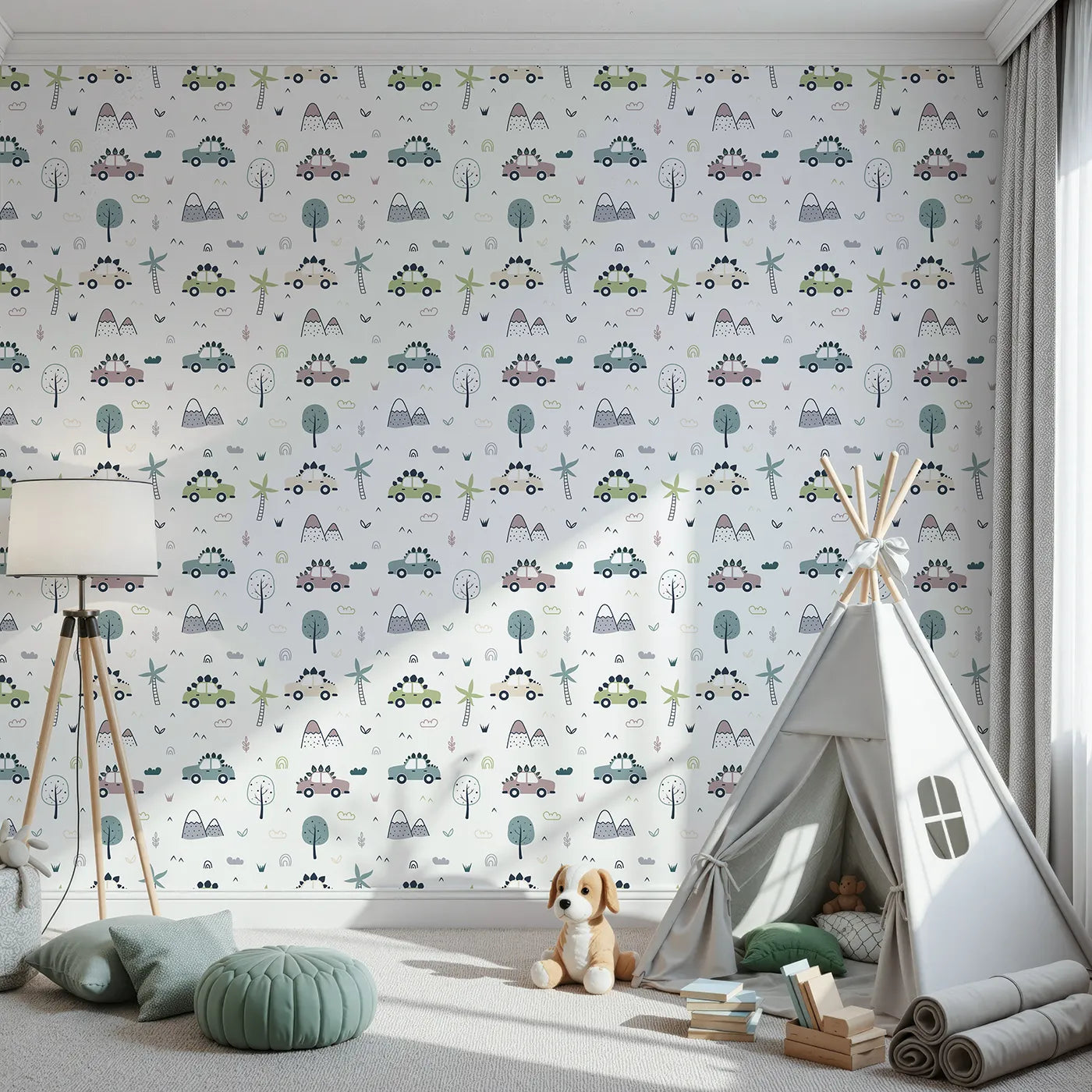 Front view of Whimsy Tots' Dino Drivers Parade Wallpaper in White