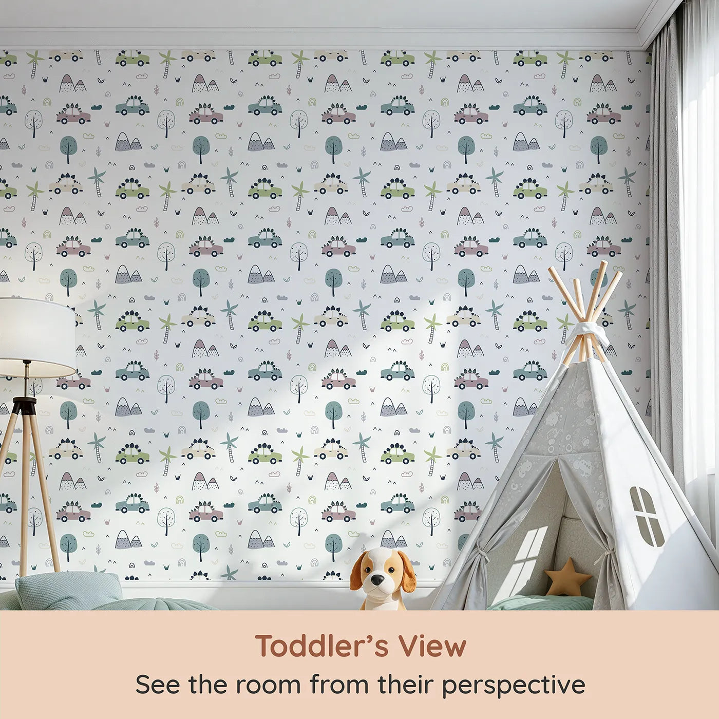 Whimsy Tots Dino Drivers Parade Wallpaper in White (W3491A) from your child's view.Cars with dinosaur spikes zoom through a playful world of trees and mountains.