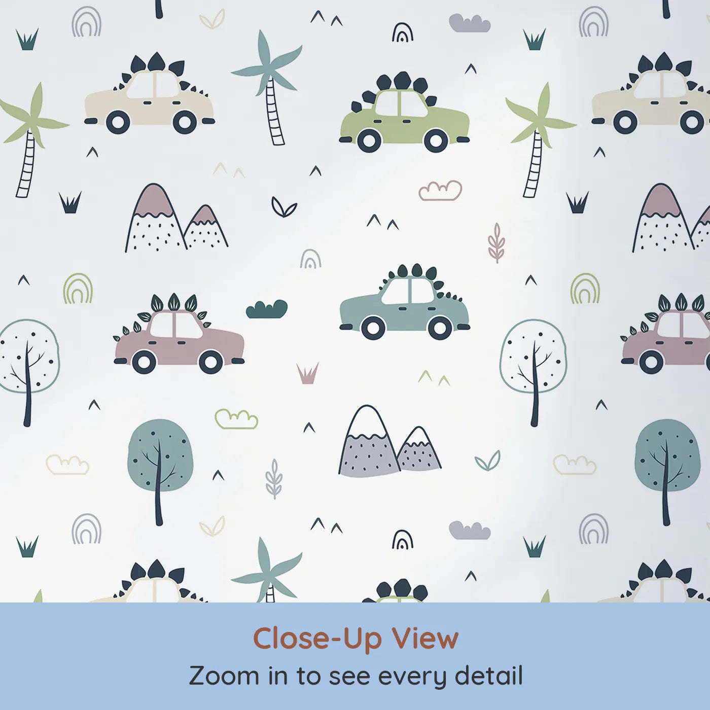 Close-up view of Whimsy Tots' Dino Drivers Parade Wallpaper in White (W3491A).Cars with dinosaur spikes zoom through a playful world of trees and mountains.