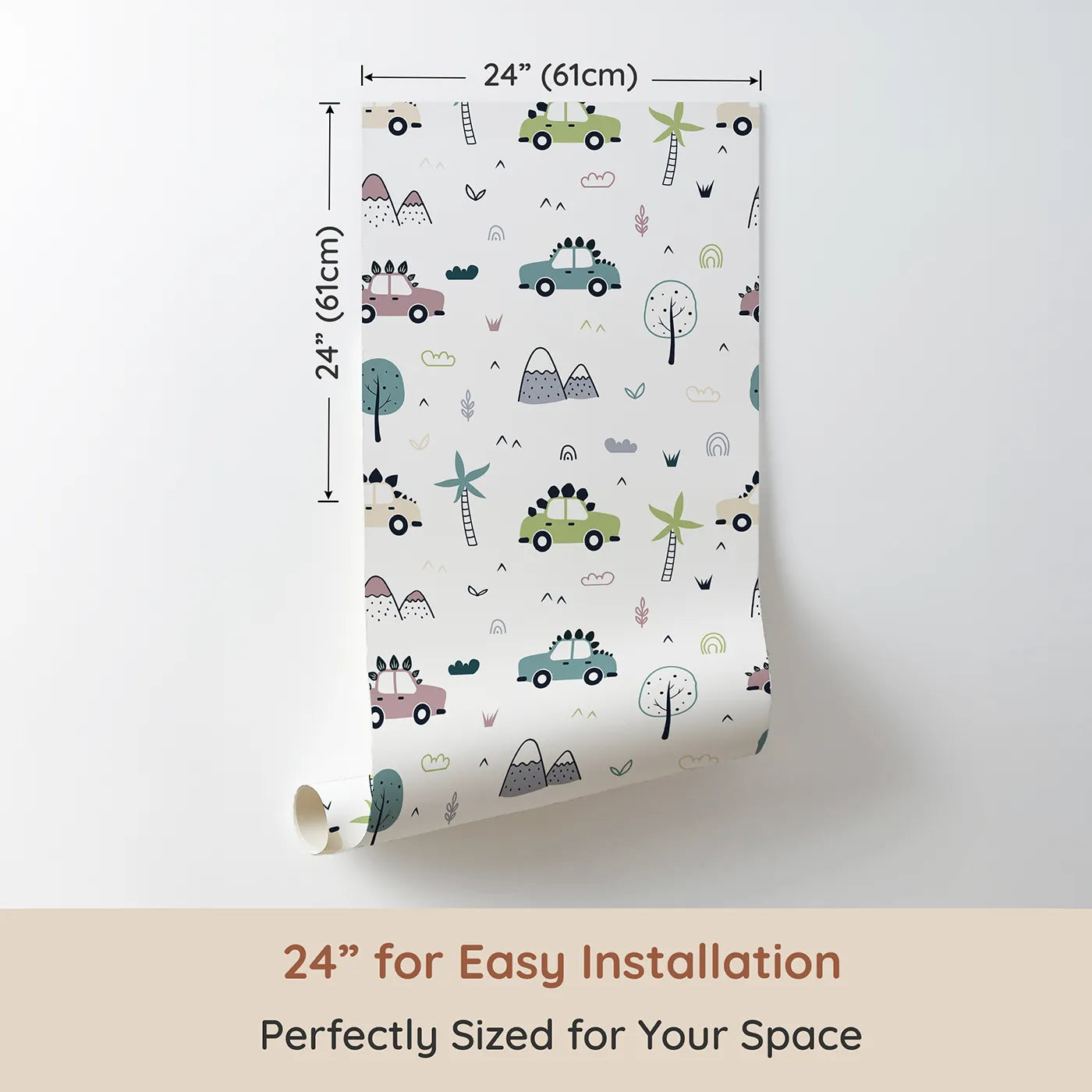 Dimension view of Whimsy Tots Dino Drivers Parade Wallpaper in White (W3491A). Printed in 24-inch-wide panel for easy installation. Cars with dinosaur spikes zoom through a playful world of trees and mountains.