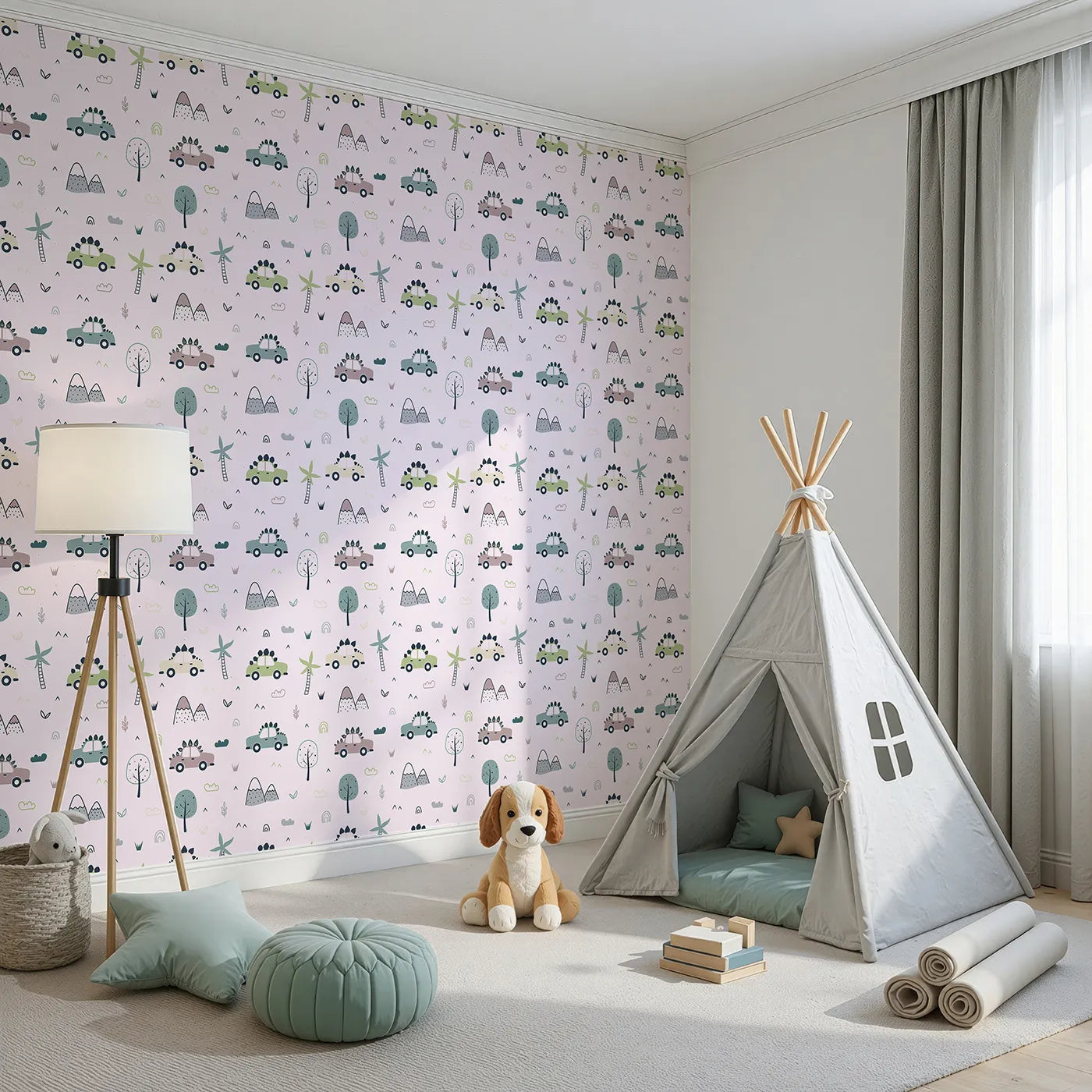 Angled view of Whimsy Tots' Dino Drivers Parade Wallpaper in Blush Pink (W3491B).Dino-spiked cars explore a soft pink world full of trees and tiny hills.