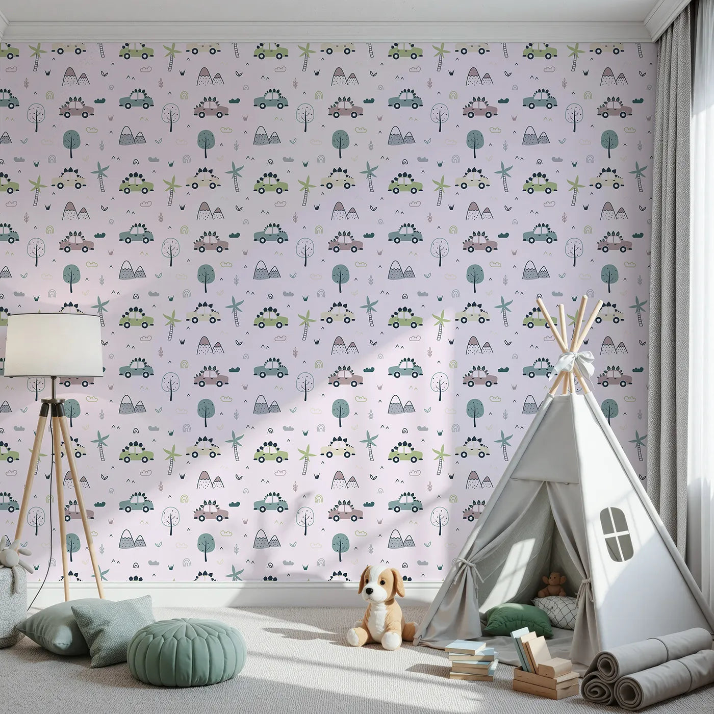 Front view of Whimsy Tots' Dino Drivers Parade Wallpaper in Blush Pink