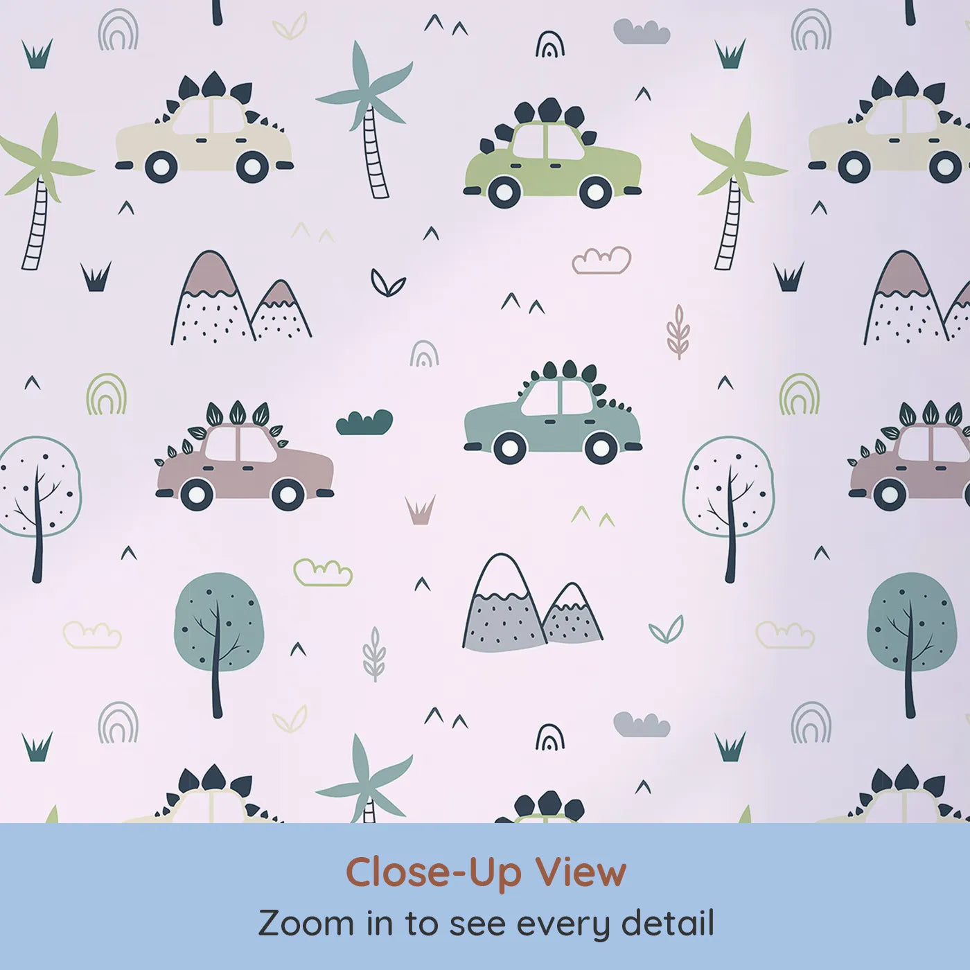 Close-up view of Whimsy Tots' Dino Drivers Parade Wallpaper in Blush Pink (W3491B).Dino-spiked cars explore a soft pink world full of trees and tiny hills.