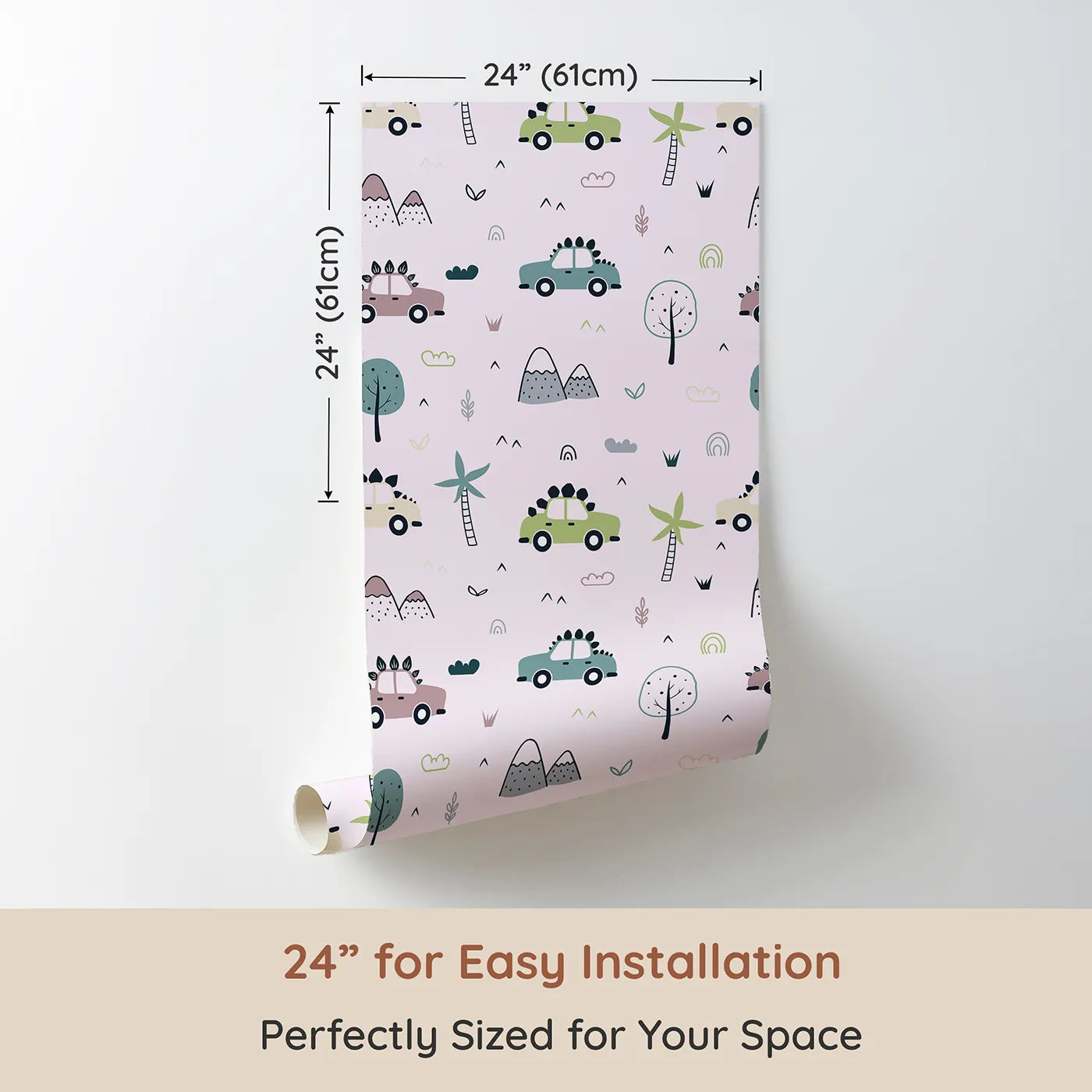 Dimension view of Whimsy Tots Dino Drivers Parade Wallpaper in Blush Pink (W3491B). Printed in 24-inch-wide panel for easy installation. Dino-spiked cars explore a soft pink world full of trees and tiny hills.