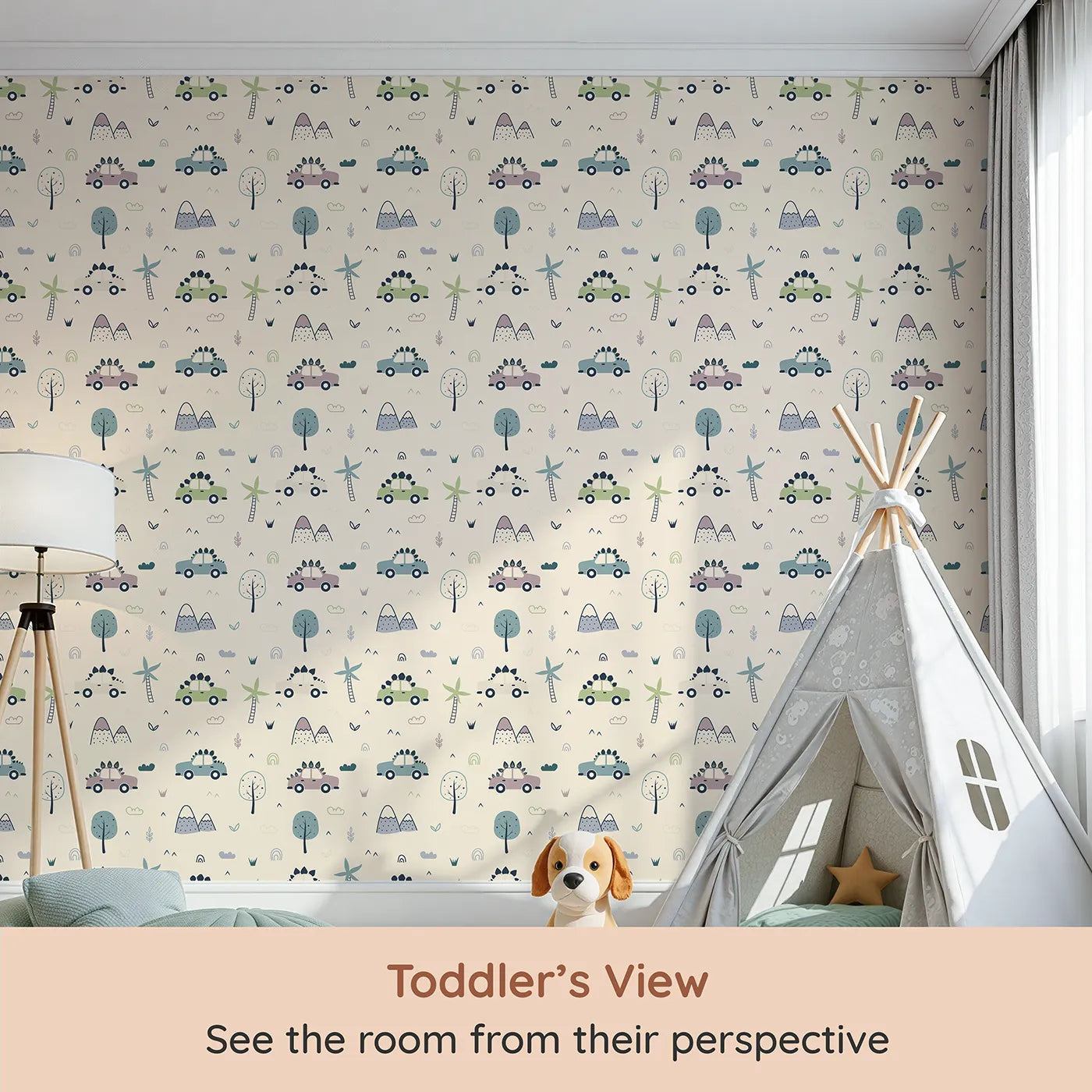 Whimsy Tots Dino Drivers Parade Wallpaper in Cream (W3491C) from your child's view.Spiky dinosaur cars cruise across a gentle cream landscape.