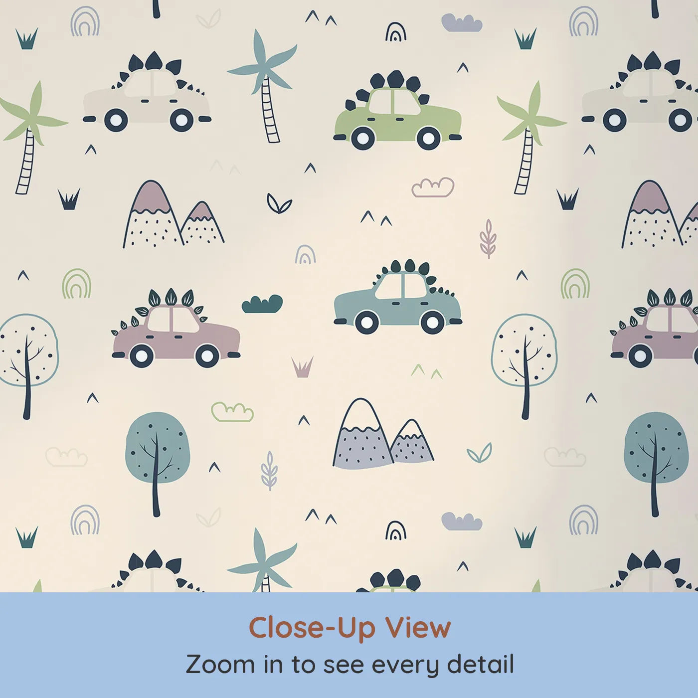 Close-up view of Whimsy Tots' Dino Drivers Parade Wallpaper in Cream (W3491C).Spiky dinosaur cars cruise across a gentle cream landscape.