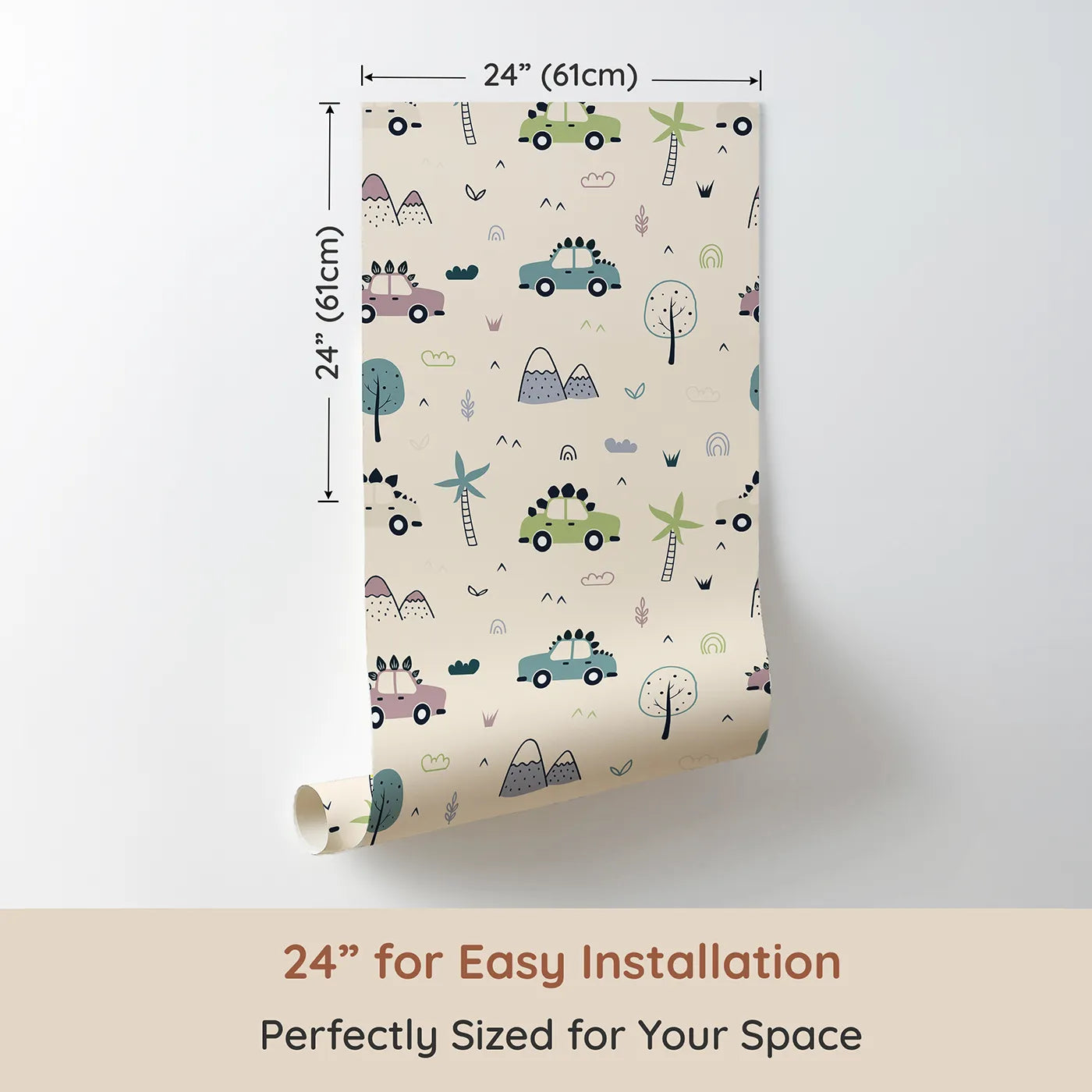 Dimension view of Whimsy Tots Dino Drivers Parade Wallpaper in Cream (W3491C). Printed in 24-inch-wide panel for easy installation. Spiky dinosaur cars cruise across a gentle cream landscape.