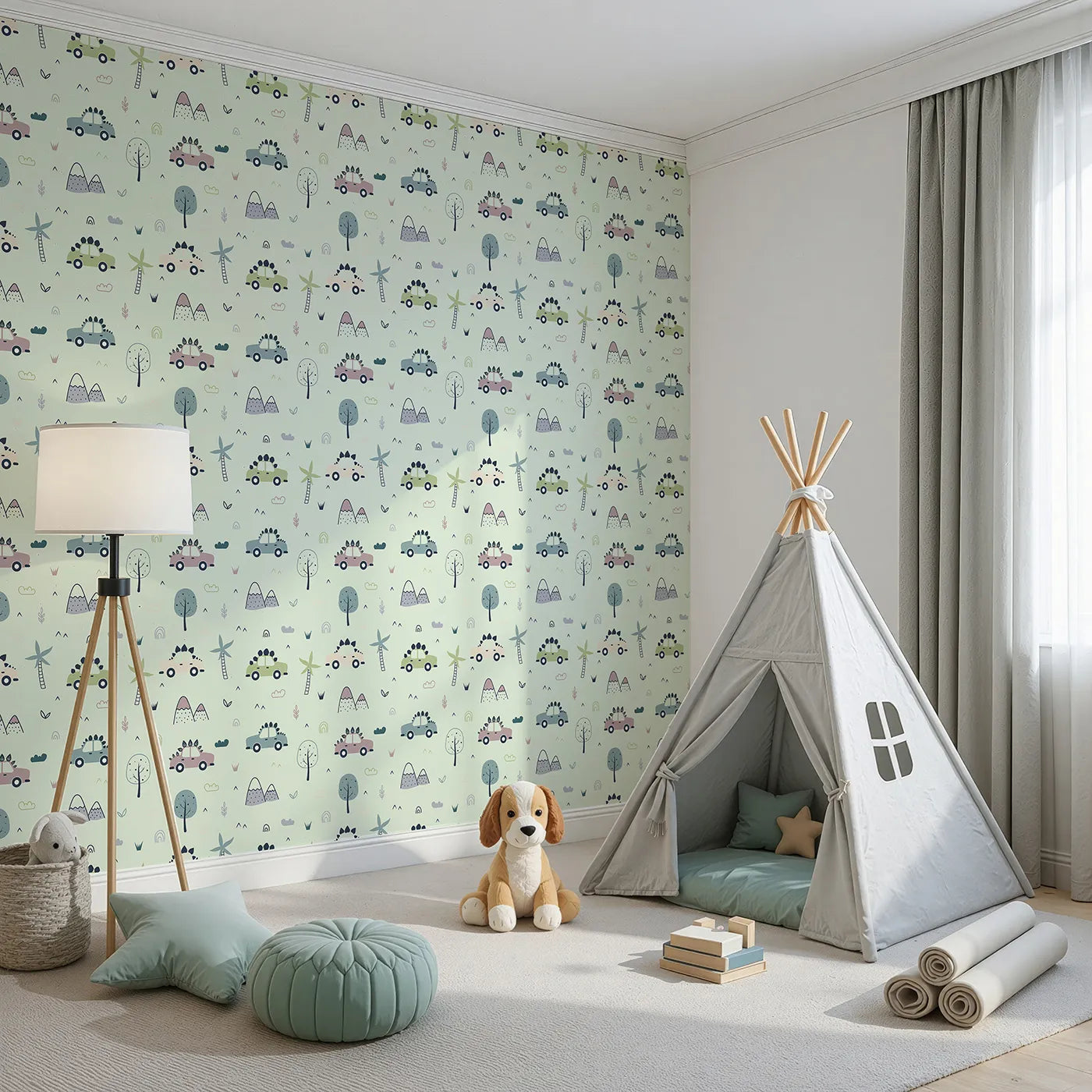 Angled view of Whimsy Tots' Dino Drivers Parade Wallpaper in Mint Green (W3491D).Spiny dino cars zoom beneath minty skies and playful trees.
