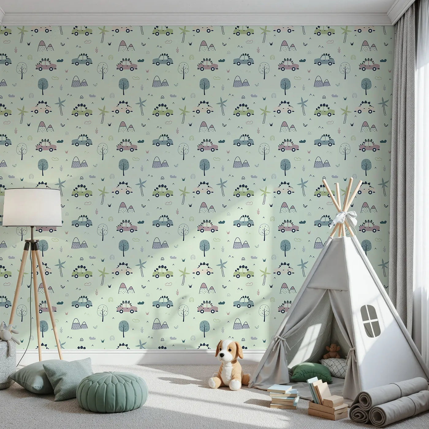 Front view of Whimsy Tots' Dino Drivers Parade Wallpaper in Mint Green