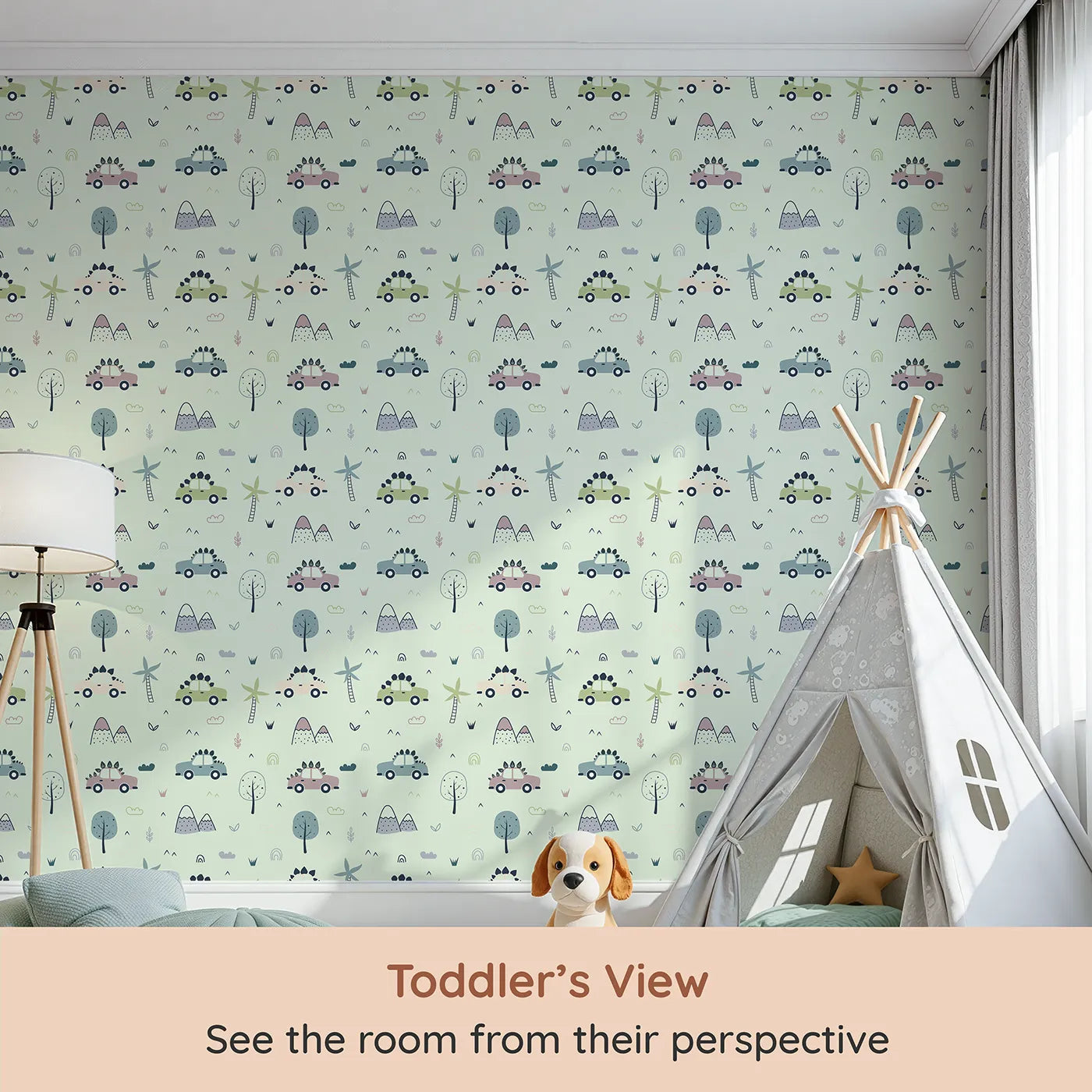 Whimsy Tots Dino Drivers Parade Wallpaper in Mint Green (W3491D) from your child's view.Spiny dino cars zoom beneath minty skies and playful trees.
