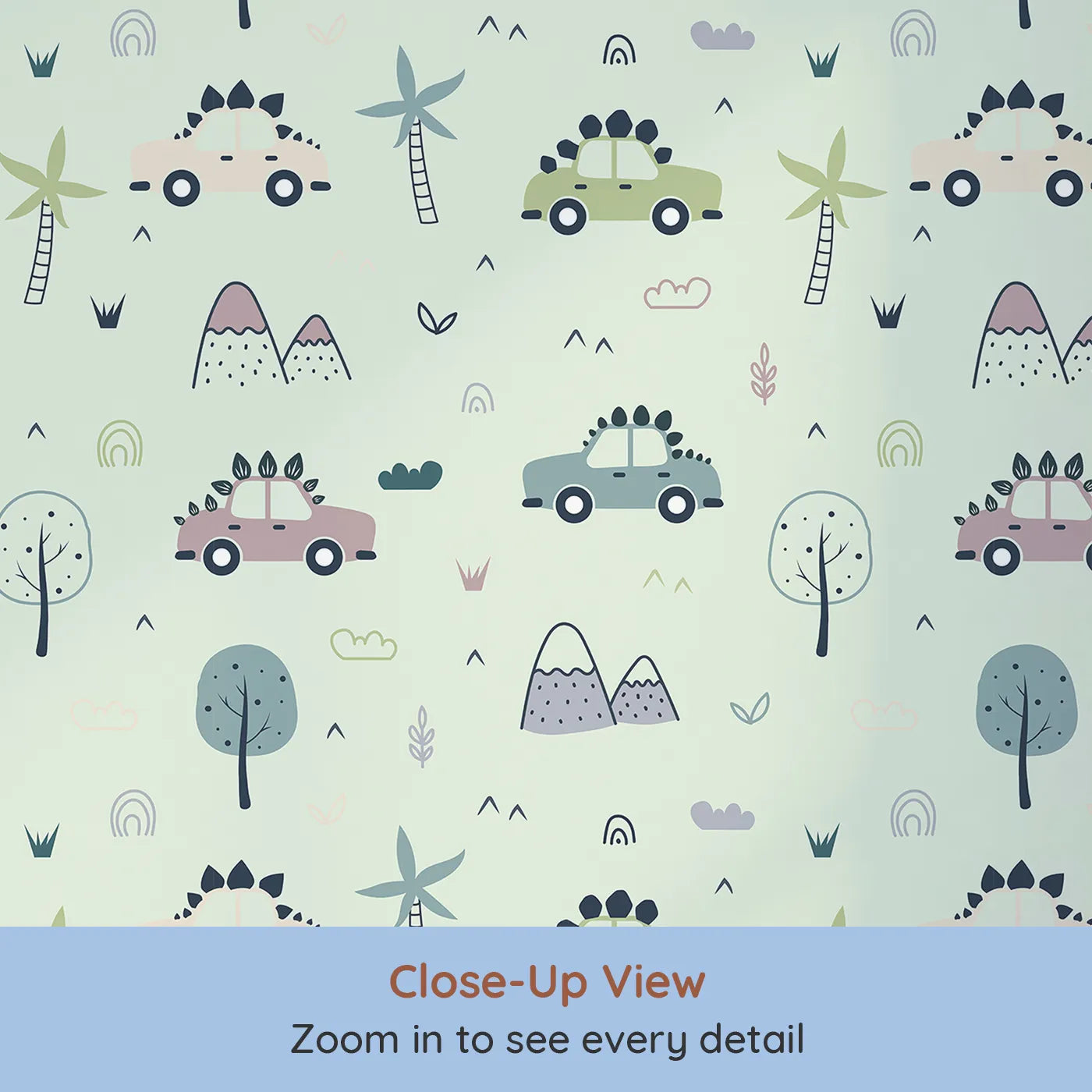 Close-up view of Whimsy Tots' Dino Drivers Parade Wallpaper in Mint Green (W3491D).Spiny dino cars zoom beneath minty skies and playful trees.