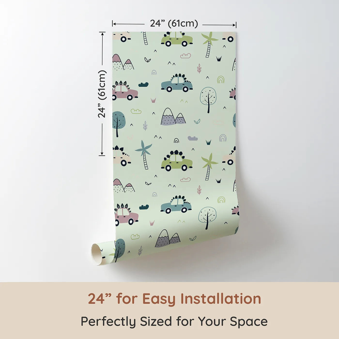 Dimension view of Whimsy Tots Dino Drivers Parade Wallpaper in Mint Green (W3491D). Printed in 24-inch-wide panel for easy installation. Spiny dino cars zoom beneath minty skies and playful trees.