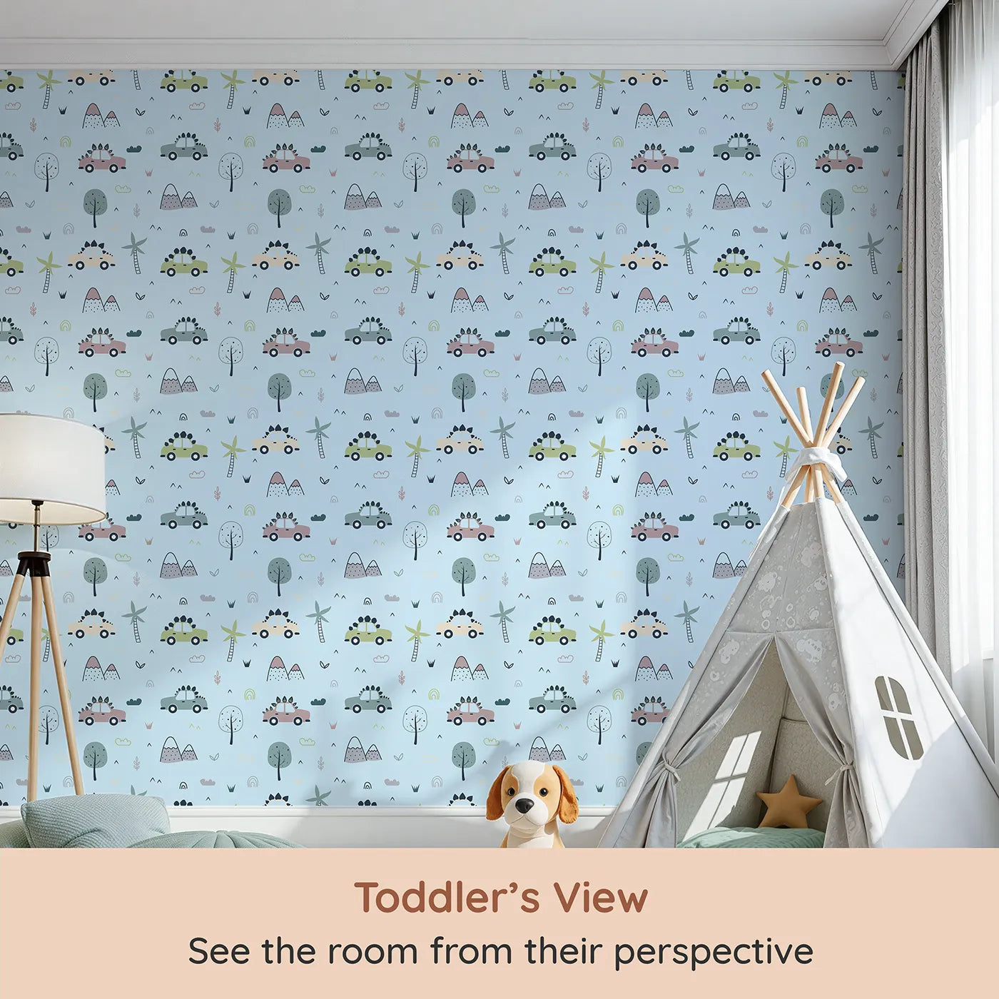 Whimsy Tots Dino Drivers Parade Wallpaper in Sky Blue (W3491E) from your child's view.Cars with dino spikes cruise through a cheerful sky blue world.