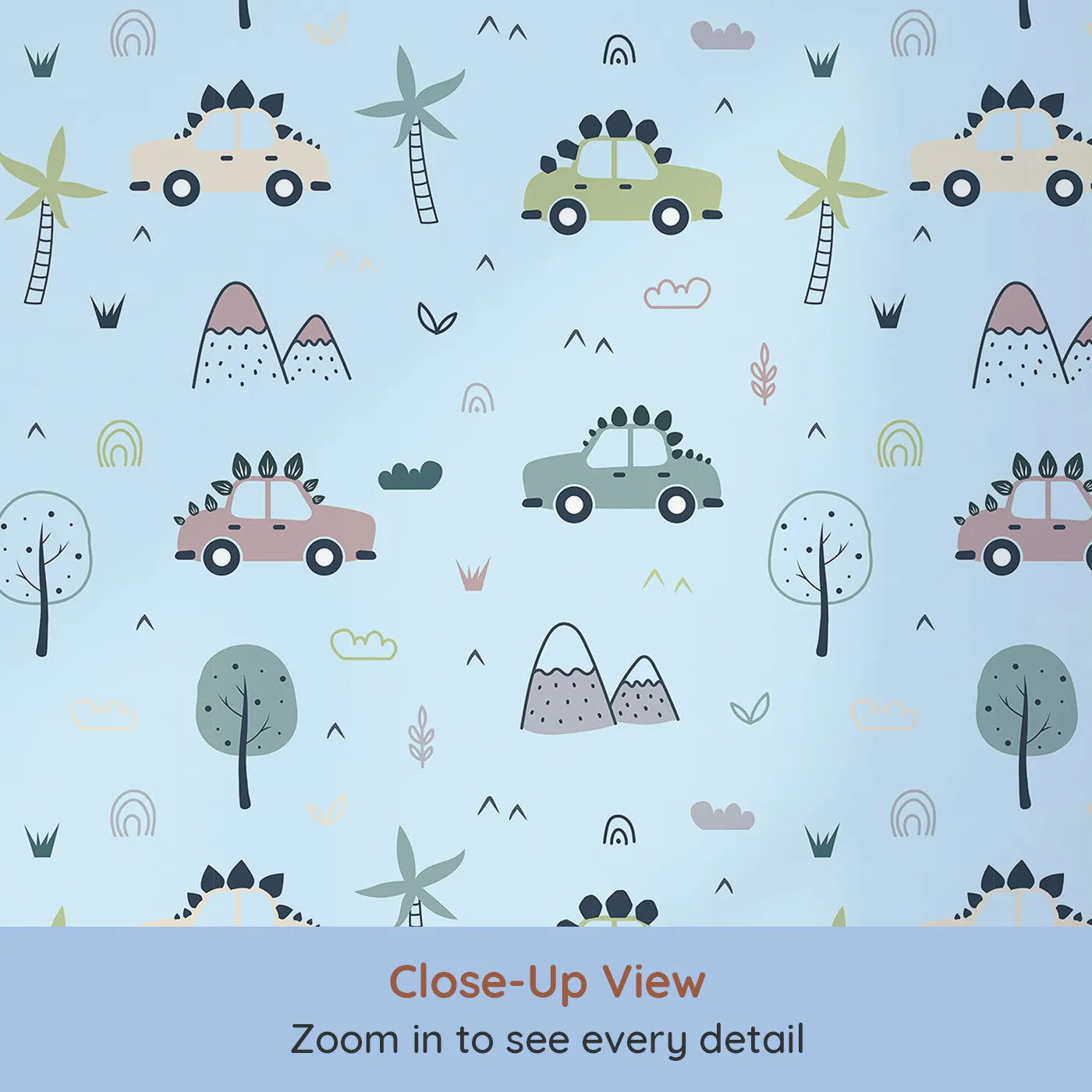 Close-up view of Whimsy Tots' Dino Drivers Parade Wallpaper in Sky Blue (W3491E).Cars with dino spikes cruise through a cheerful sky blue world.