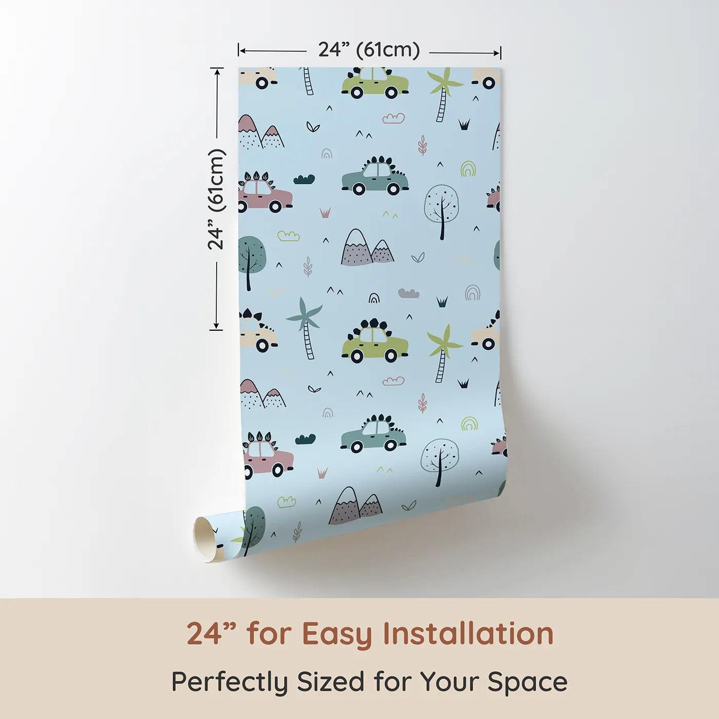 Dimension view of Whimsy Tots Dino Drivers Parade Wallpaper in Sky Blue (W3491E). Printed in 24-inch-wide panel for easy installation. Cars with dino spikes cruise through a cheerful sky blue world.