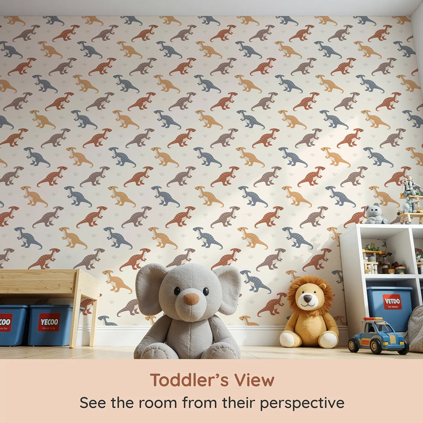 Whimsy Tots Gentle Dino Trek Wallpaper in Cream (W3492A) from your child's view.Friendly dinos stroll through a soft cream landscape.
