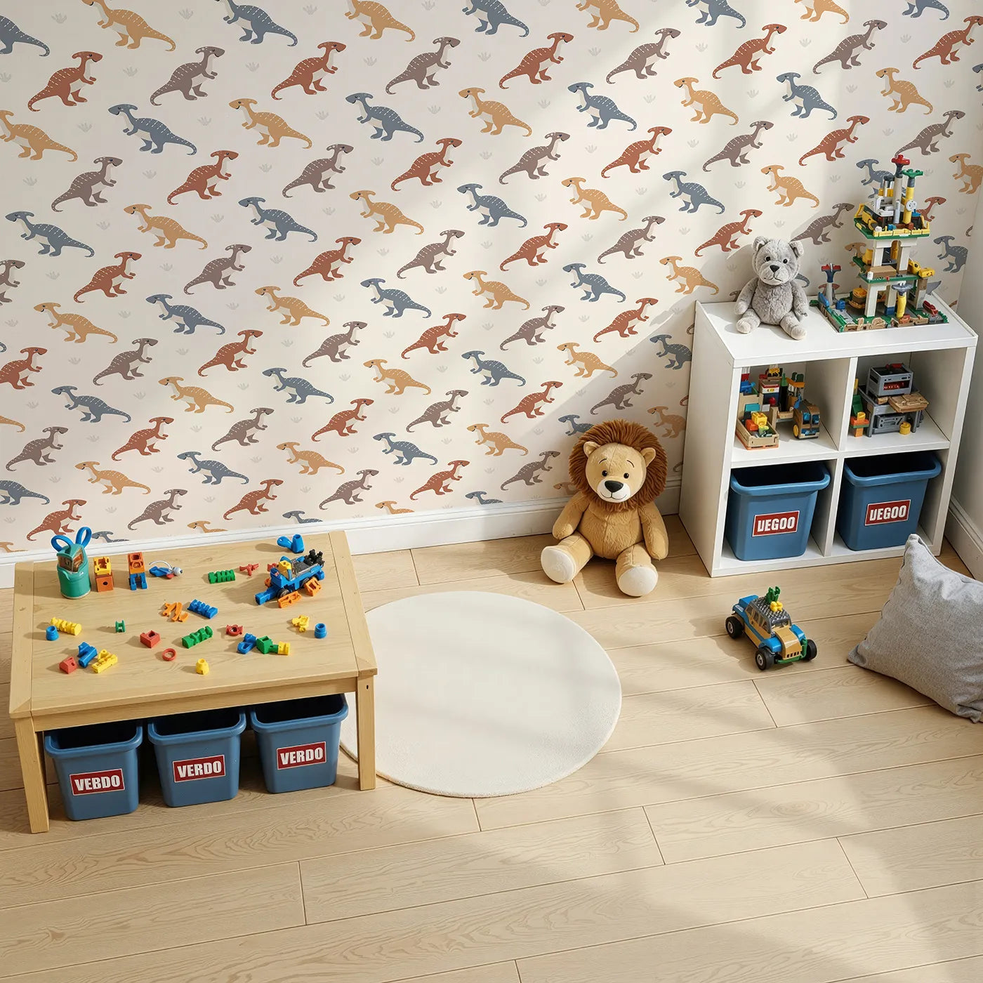 Top-Down view of Whimsy Tots' Gentle Dino Trek Wallpaper in Cream (W3492A).Friendly dinos stroll through a soft cream landscape.