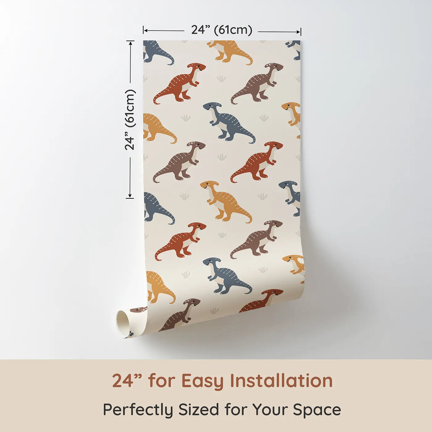 Dimension view of Whimsy Tots Gentle Dino Trek Wallpaper in Cream (W3492A). Printed in 24-inch-wide panel for easy installation. Friendly dinos stroll through a soft cream landscape.