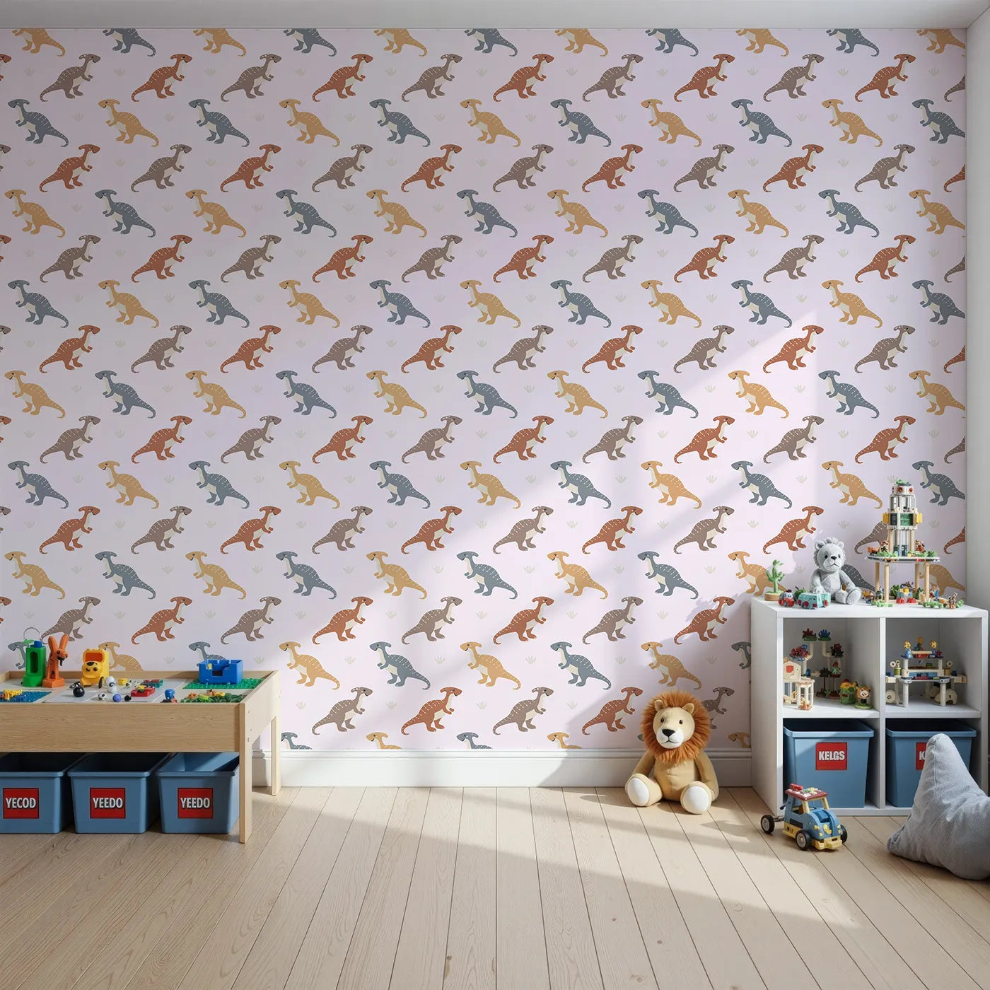 Front view of Whimsy Tots' Gentle Dino Trek Wallpaper in Blush Pink