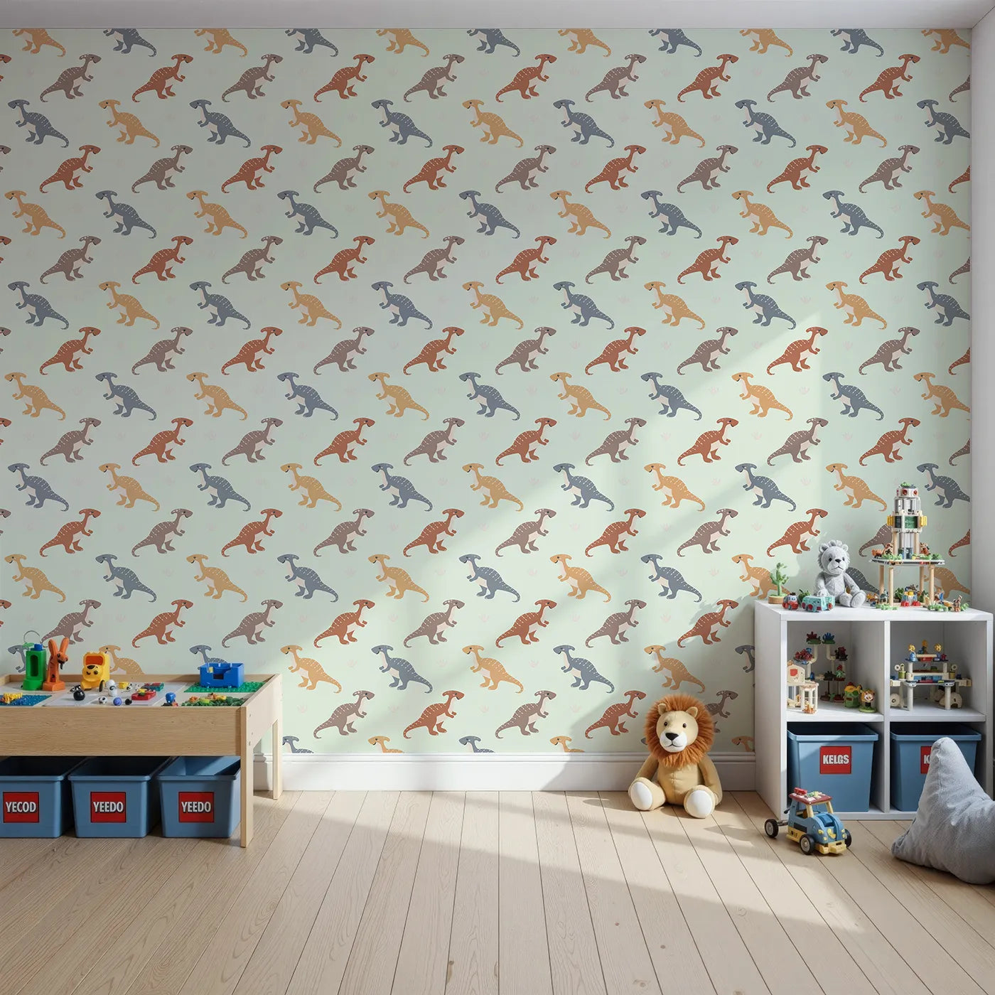 Front view of Whimsy Tots' Gentle Dino Trek Wallpaper in Mint Green