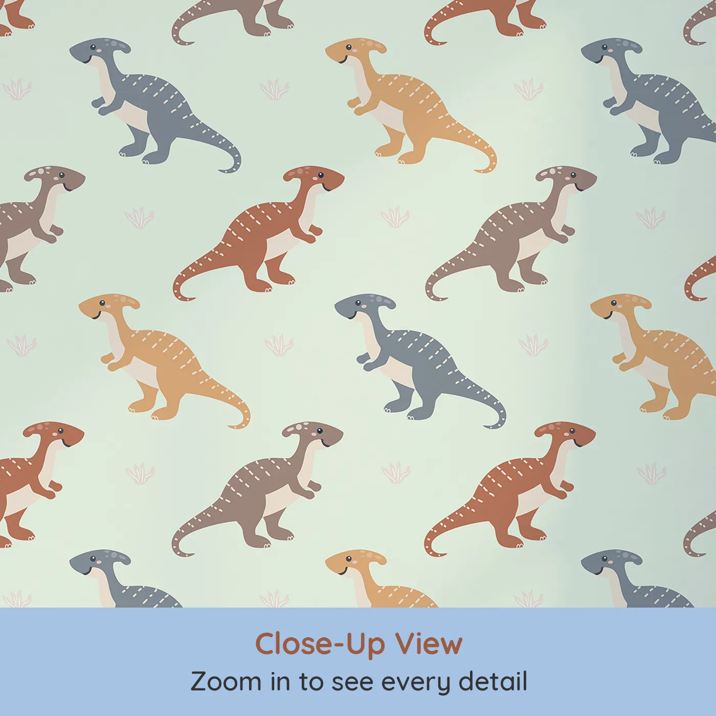 Close-up view of Whimsy Tots' Gentle Dino Trek Wallpaper in Mint Green (W3492C).Friendly dinos stroll through a soft mintโgreen landscape.