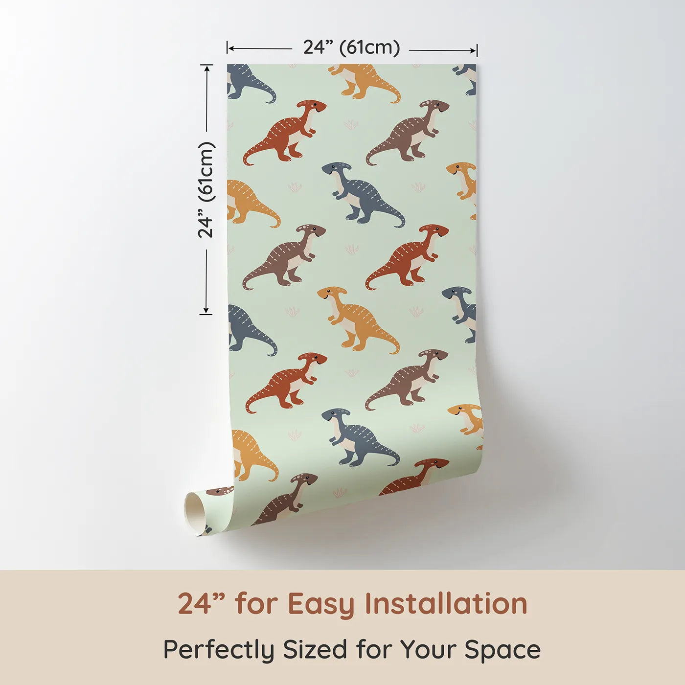 Dimension view of Whimsy Tots Gentle Dino Trek Wallpaper in Mint Green (W3492C). Printed in 24-inch-wide panel for easy installation. Friendly dinos stroll through a soft mintโgreen landscape.