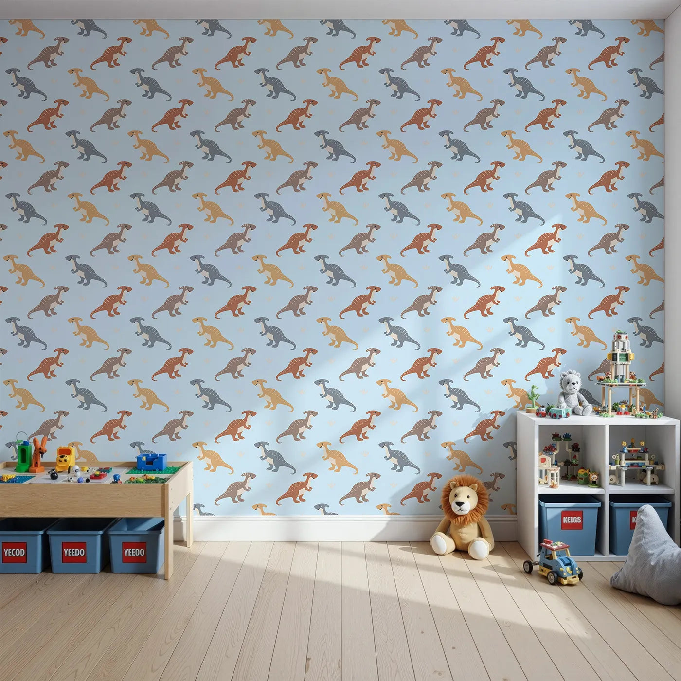 Front view of Whimsy Tots' Gentle Dino Trek Wallpaper in Sky Blue