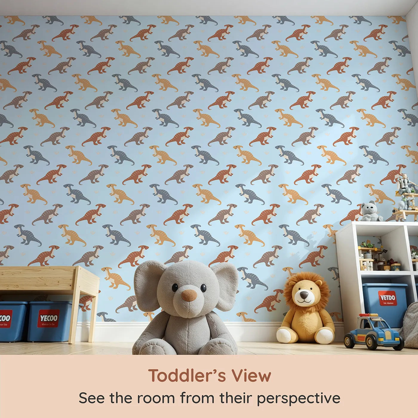 Whimsy Tots Gentle Dino Trek Wallpaper in Sky Blue (W3492D) from your child's view.Friendly dinos stroll through a soft skyβblue landscape.