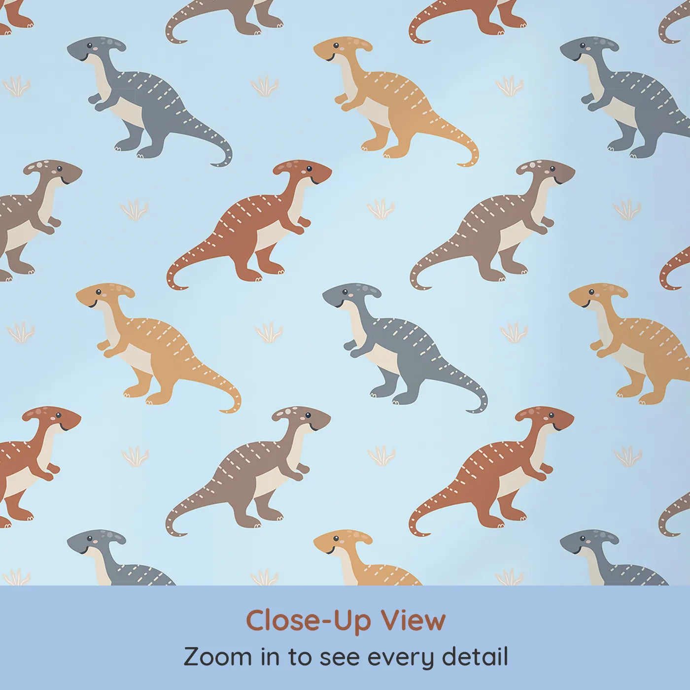 Close-up view of Whimsy Tots' Gentle Dino Trek Wallpaper in Sky Blue (W3492D).Friendly dinos stroll through a soft skyβblue landscape.