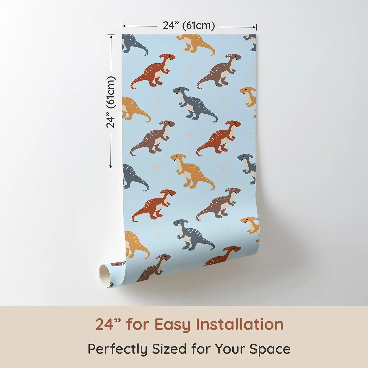 Dimension view of Whimsy Tots Gentle Dino Trek Wallpaper in Sky Blue (W3492D). Printed in 24-inch-wide panel for easy installation. Friendly dinos stroll through a soft skyβblue landscape.