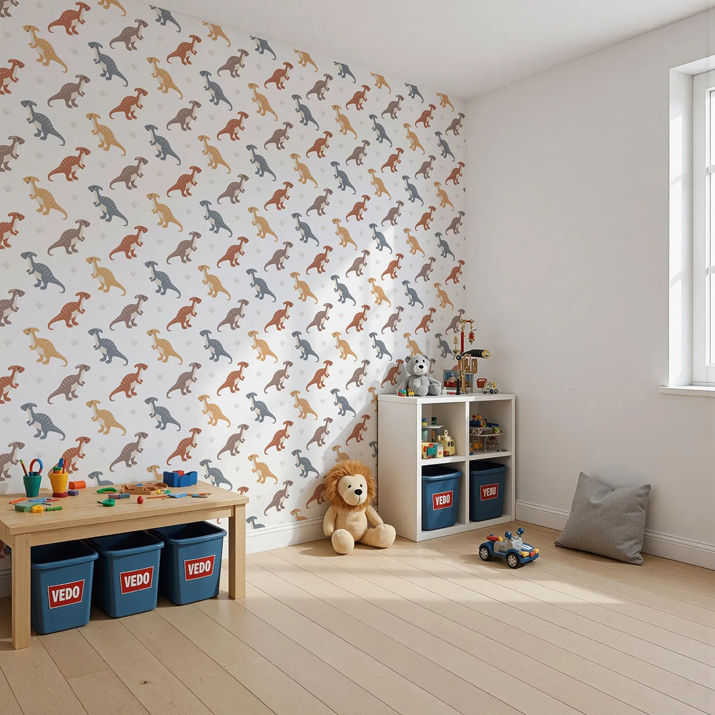 Angled view of Whimsy Tots' Gentle Dino Trek Wallpaper in White (W3492E).Friendly dinos stroll through a bright white landscape.