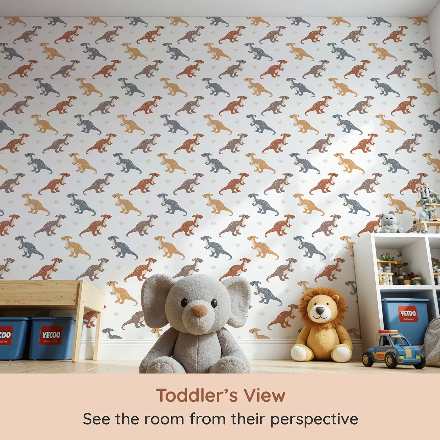 Whimsy Tots Gentle Dino Trek Wallpaper in White (W3492E) from your child's view.Friendly dinos stroll through a bright white landscape.