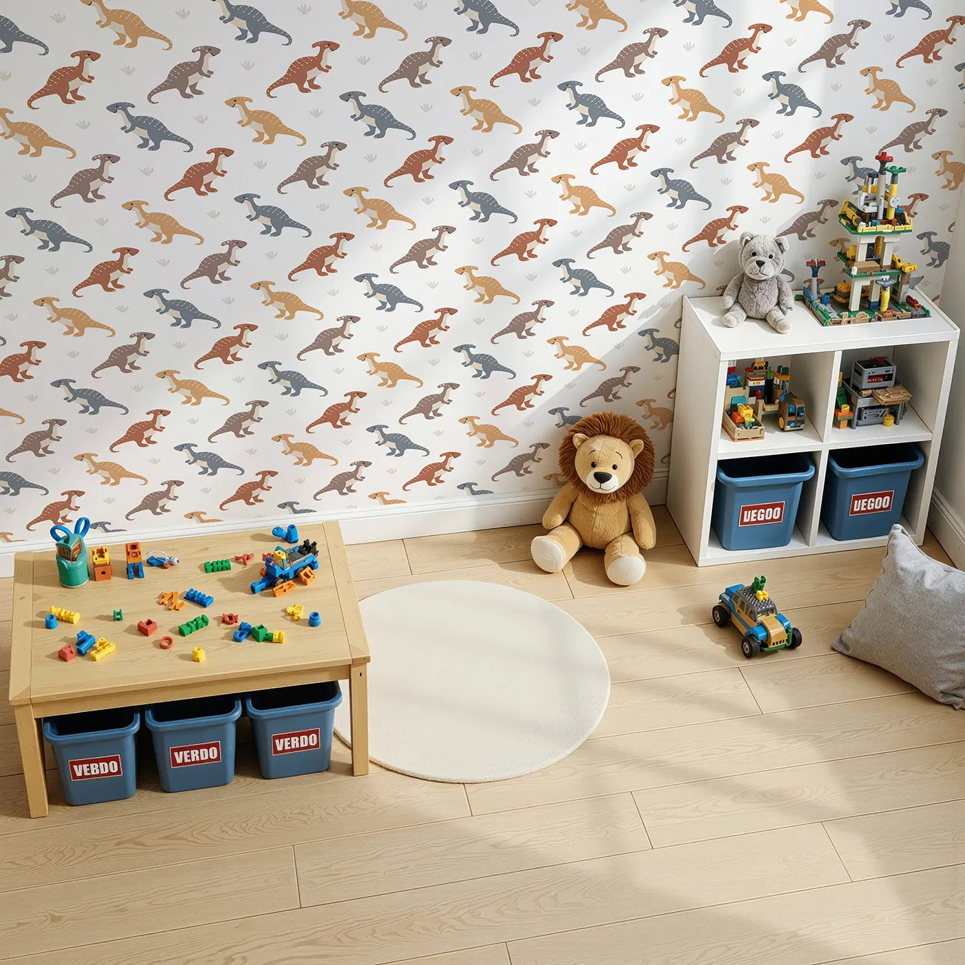 Top-Down view of Whimsy Tots' Gentle Dino Trek Wallpaper in White (W3492E).Friendly dinos stroll through a bright white landscape.