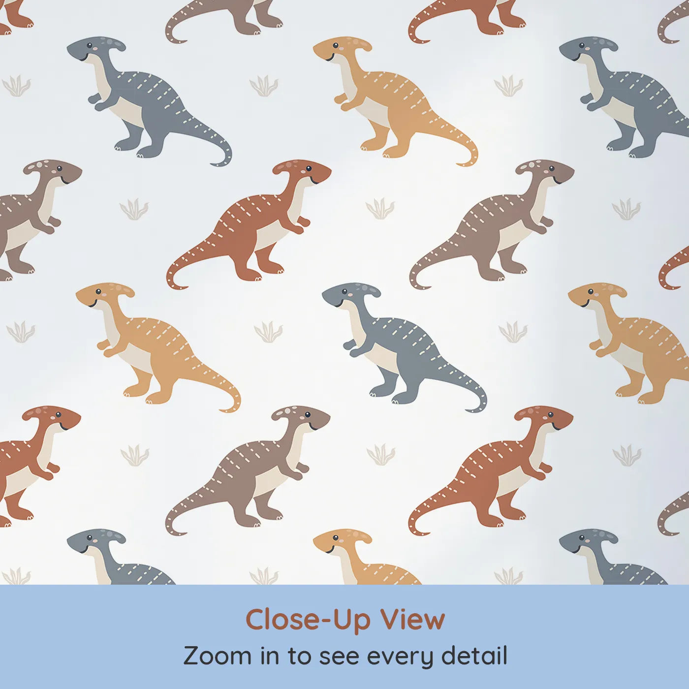 Close-up view of Whimsy Tots' Gentle Dino Trek Wallpaper in White (W3492E).Friendly dinos stroll through a bright white landscape.