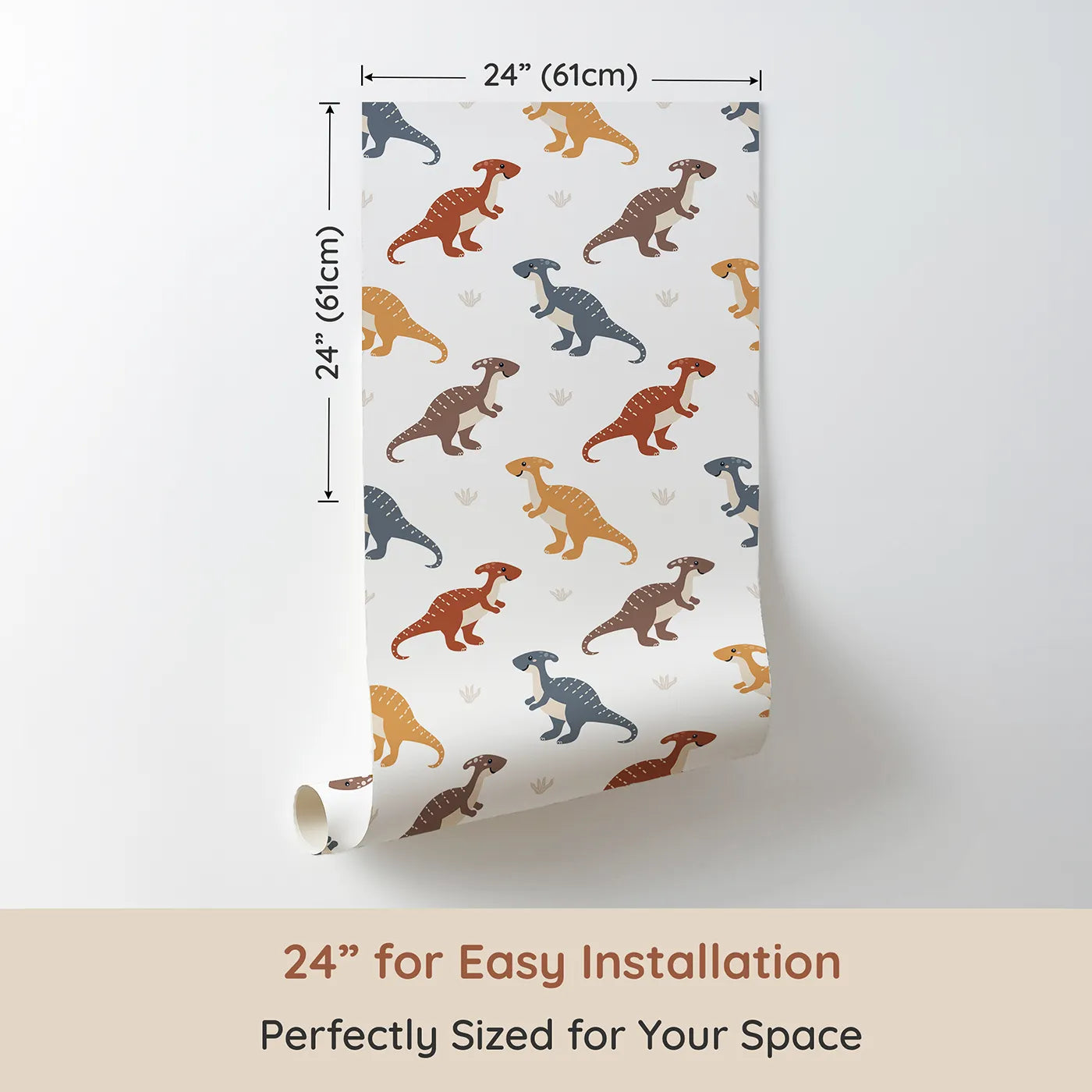 Dimension view of Whimsy Tots Gentle Dino Trek Wallpaper in White (W3492E). Printed in 24-inch-wide panel for easy installation. Friendly dinos stroll through a bright white landscape.