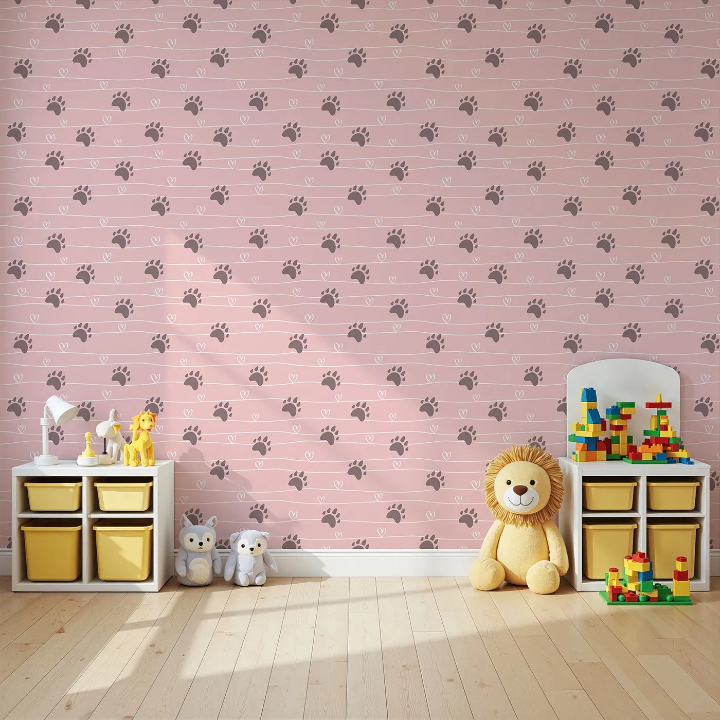 Angled view of Whimsy Tots' Bear Hug Trail Wallpaper in Petal Pink (W3493A).Gentle bear prints and hearts dance across a warm blush pink sky.