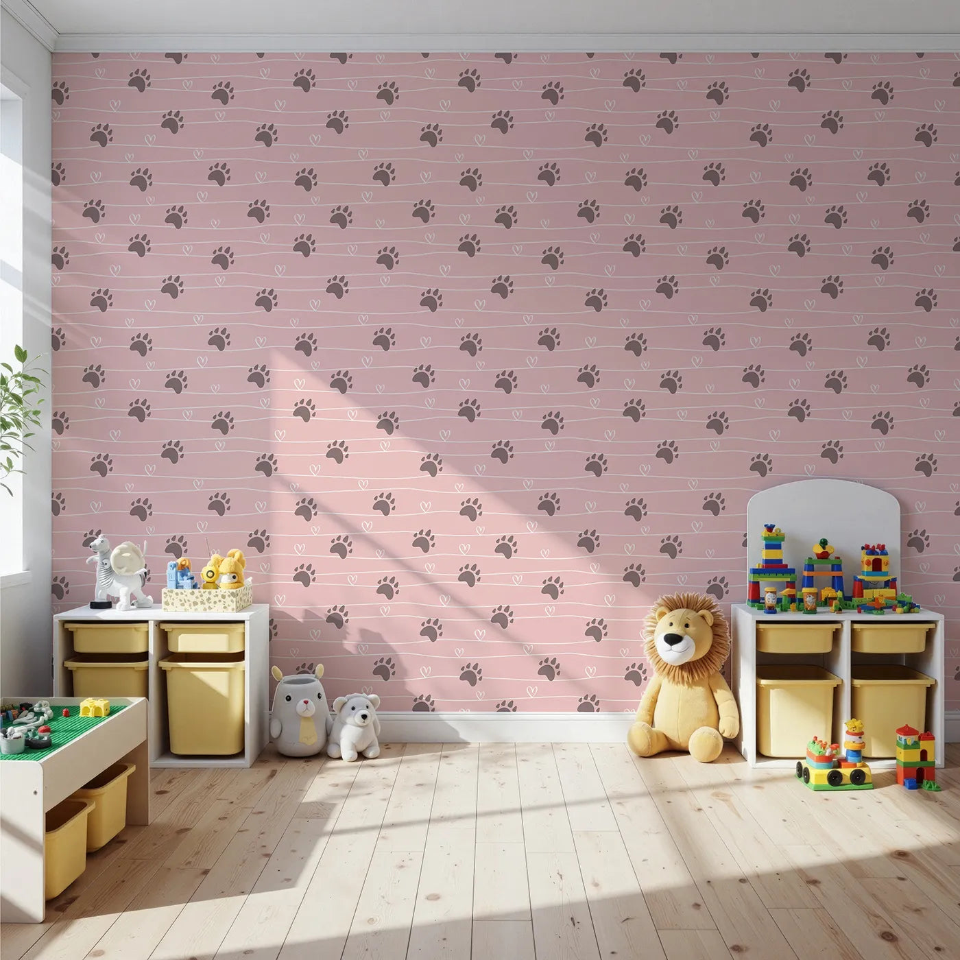 Front view of Whimsy Tots' Bear Hug Trail Wallpaper in Petal Pink