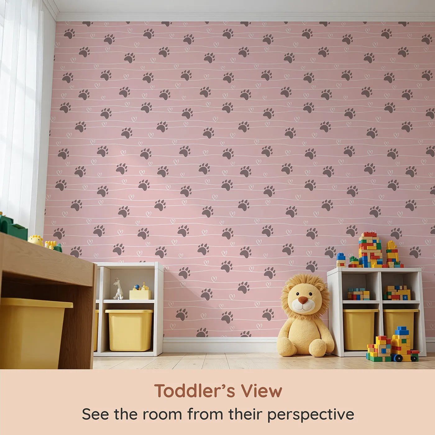 Whimsy Tots Bear Hug Trail Wallpaper in Petal Pink (W3493A) from your child's view.Gentle bear prints and hearts dance across a warm blush pink sky.