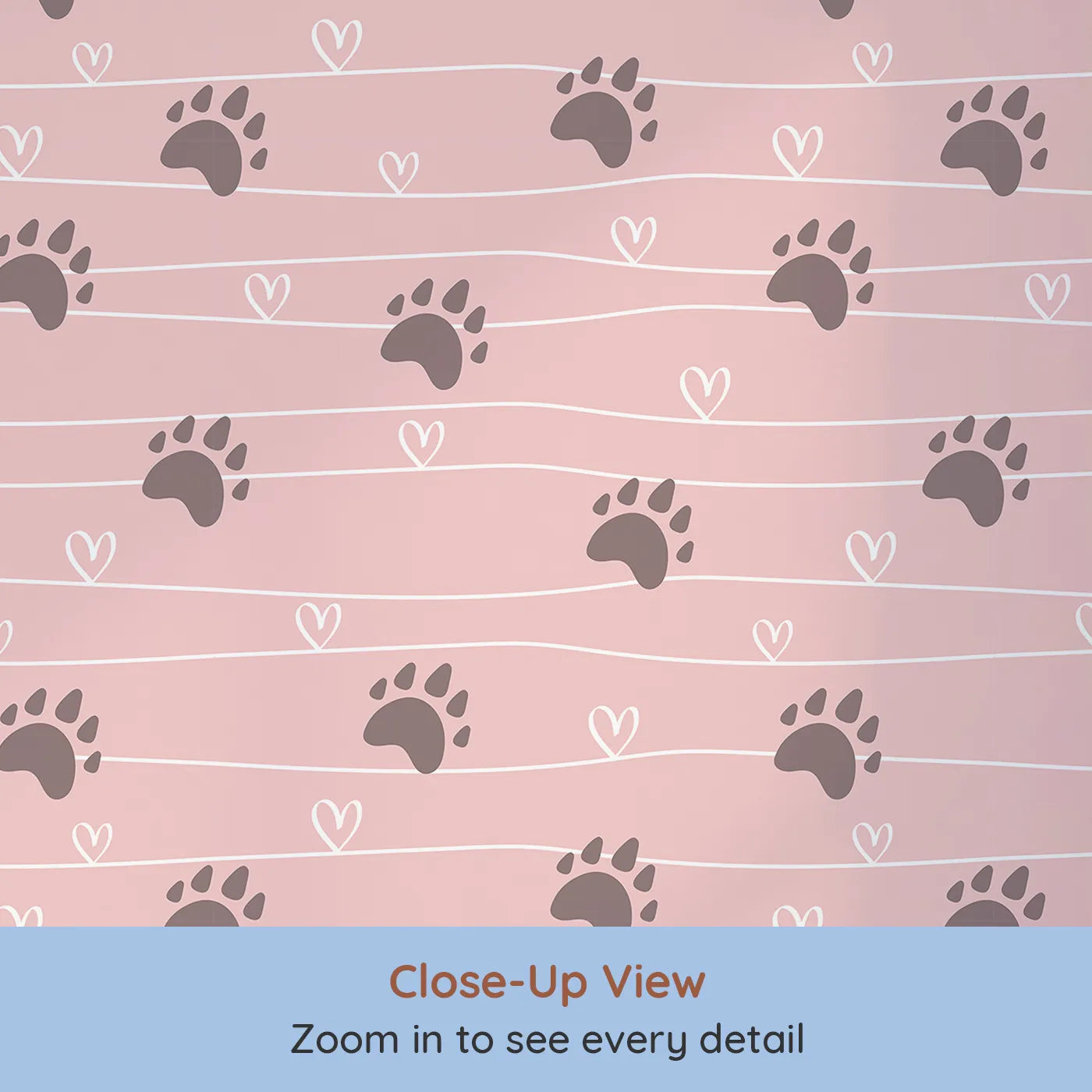 Close-up view of Whimsy Tots' Bear Hug Trail Wallpaper in Petal Pink (W3493A).Gentle bear prints and hearts dance across a warm blush pink sky.