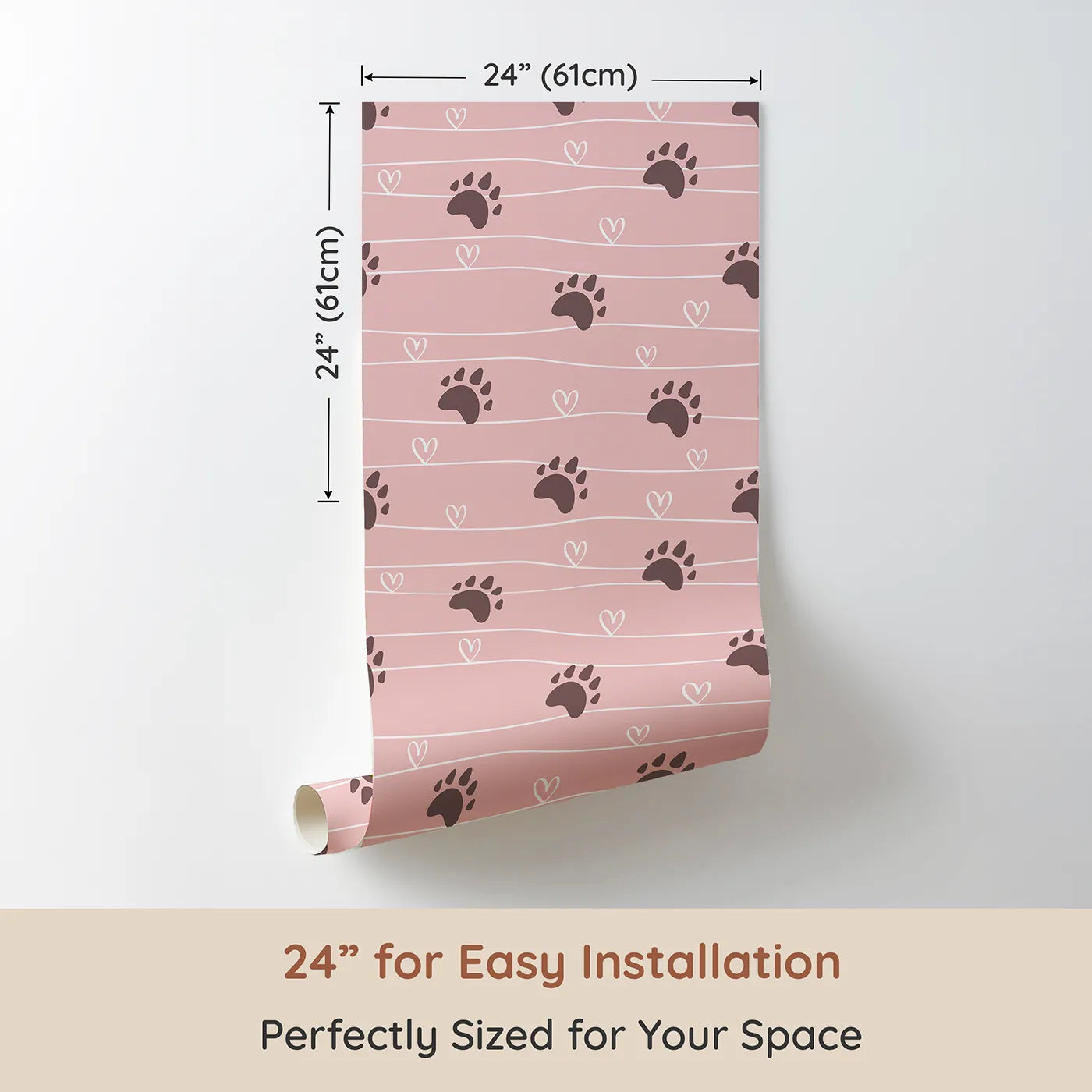 Dimension view of Whimsy Tots Bear Hug Trail Wallpaper in Petal Pink (W3493A). Printed in 24-inch-wide panel for easy installation. Gentle bear prints and hearts dance across a warm blush pink sky.
