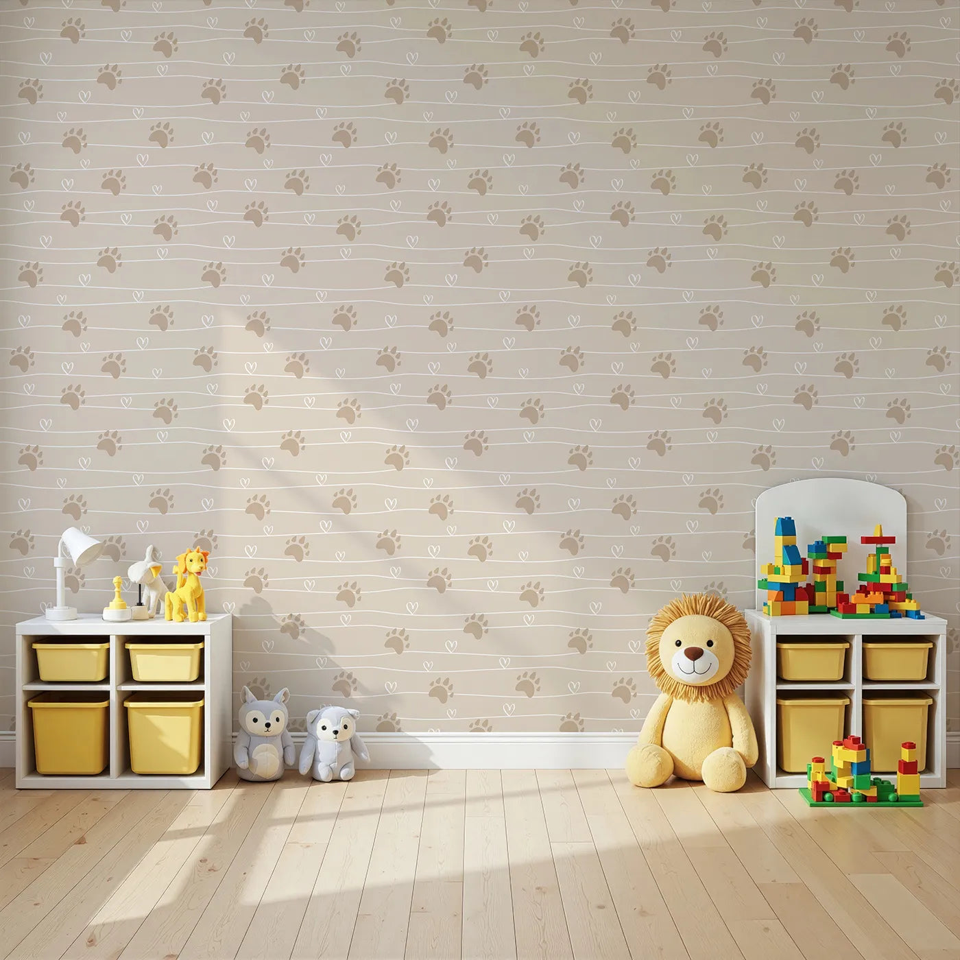 Angled view of Whimsy Tots' Bear Hug Trail Wallpaper in Oat Beige (W3493B).Warm bear tracks and hearts mark every step across sandy beige.