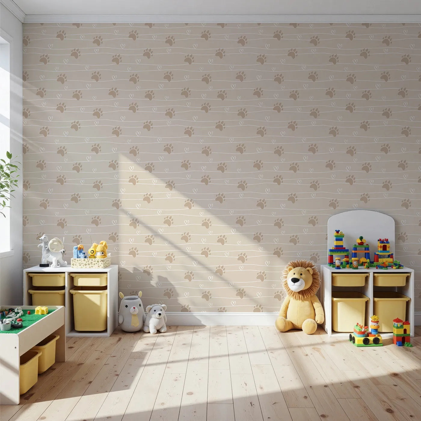 Front view of Whimsy Tots' Bear Hug Trail Wallpaper in Oat Beige