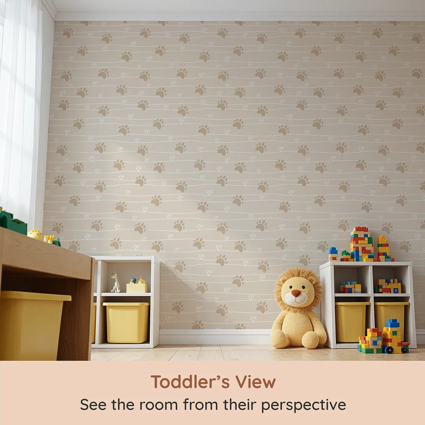 Whimsy Tots Bear Hug Trail Wallpaper in Oat Beige (W3493B) from your child's view.Warm bear tracks and hearts mark every step across sandy beige.