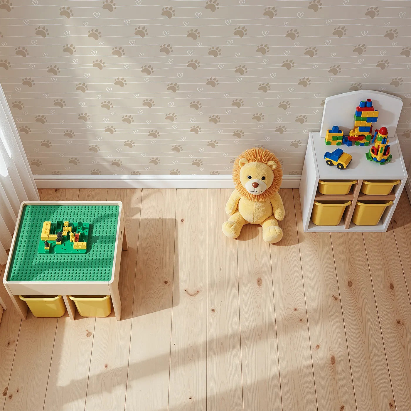 Top-Down view of Whimsy Tots' Bear Hug Trail Wallpaper in Oat Beige (W3493B).Warm bear tracks and hearts mark every step across sandy beige.