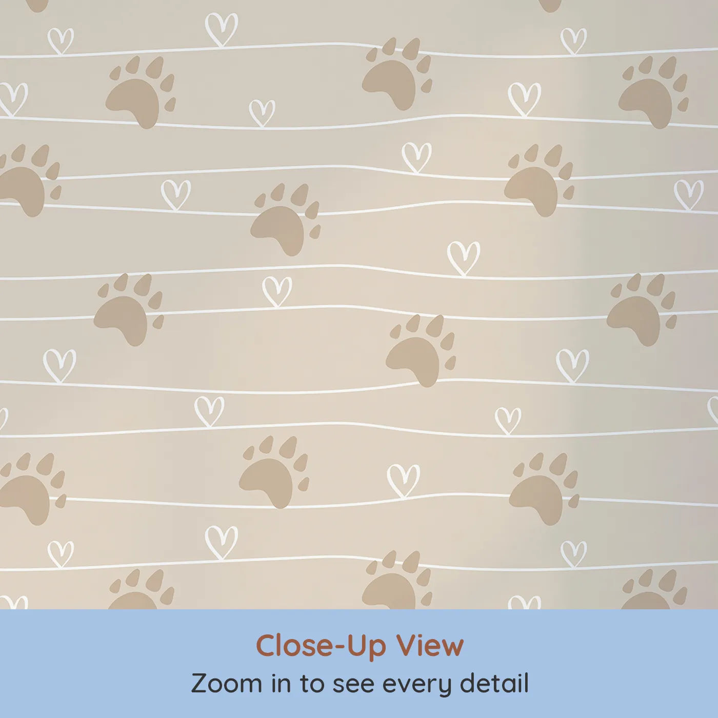 Close-up view of Whimsy Tots' Bear Hug Trail Wallpaper in Oat Beige (W3493B).Warm bear tracks and hearts mark every step across sandy beige.