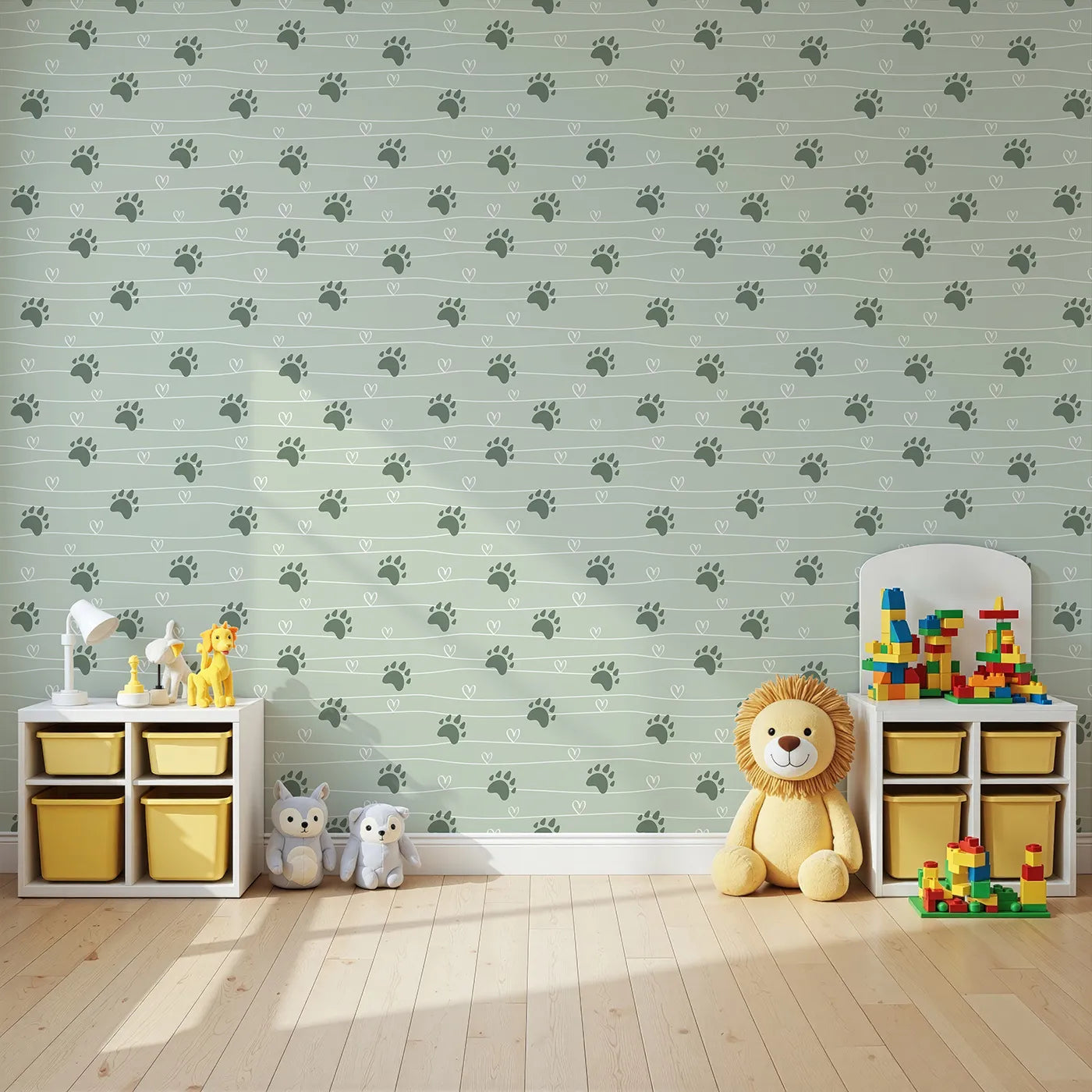 Angled view of Whimsy Tots' Bear Hug Trail Wallpaper in Sage Green (W3493C).Bear paw prints and hearts wander softly over a tranquil sage green trail.
